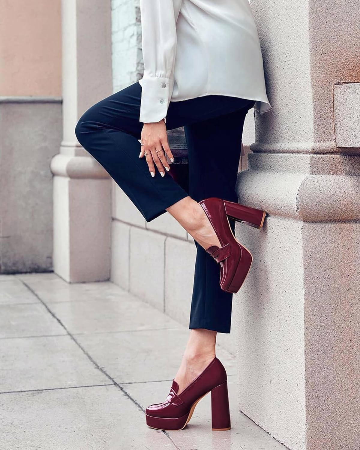 Womens Platform Heels Loafers Chunky High Heel Closed Toe Patent Leather Shoes Penny Loafer Business Dress Work Pumps image number 3