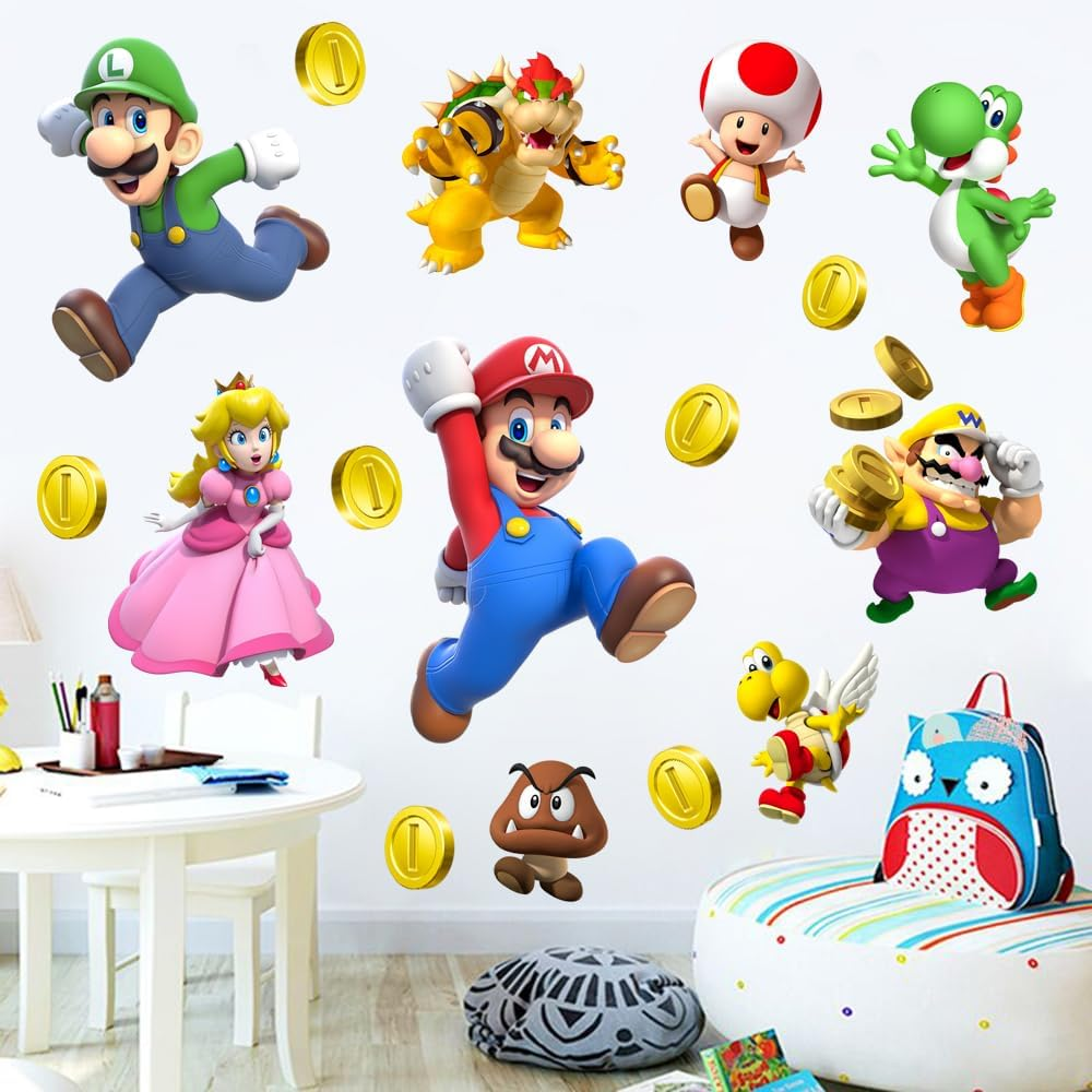 Mario Brothers Wall Decals Children Cartoon Bedroom Background Decoration PVC Wall Decor for Boys Room Living Room (Size 23.7 X 17.7 Inch) image number 1