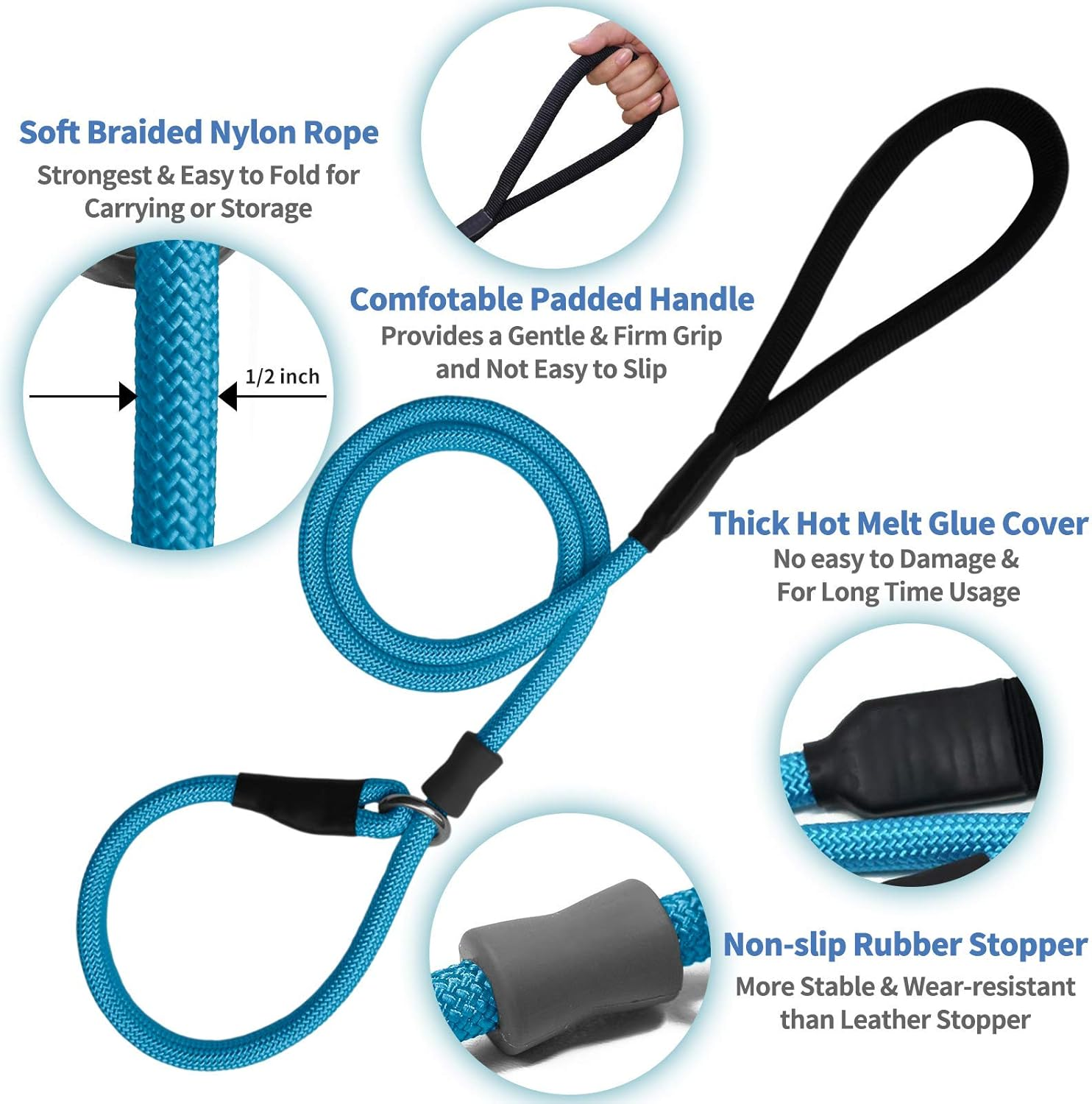 Strong Slip Rope Dog Training Leash (6Ft) - Heavy Duty Durable Braided Nylon Lead with Rubber Stopper & Padded Handle - No Pull Walking for Medium Large Dogs (Blue, 1/2" X 6Ft) image number 1
