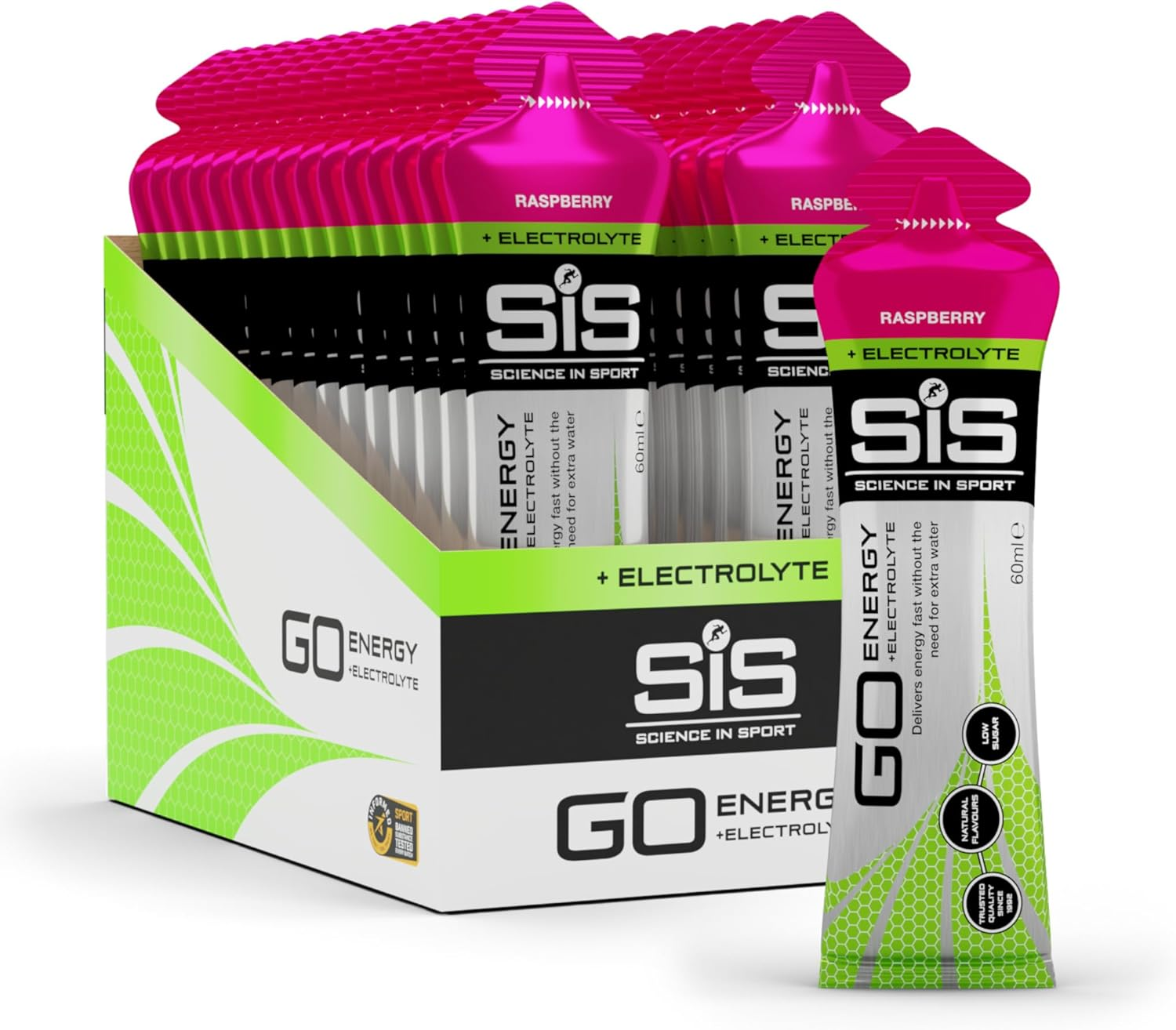 SIS Go Isotonic Energy Gel with Electrolytes - Nutrition Gel Supports Performance & Hydration for Running & Cycling - Raspberry Flavour, 60Ml, Pack of 30
