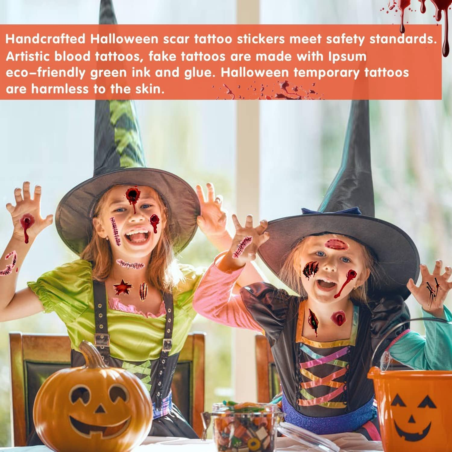 30 Sheets Halloween Tattoo Sticker Waterproof - Temporary Tattoos - Bats Cuts Blood Splatter Stitches Spiders Webs Witches - Halloween Sticker Pack for Adults Kids - Steadyink&reg; image number 1