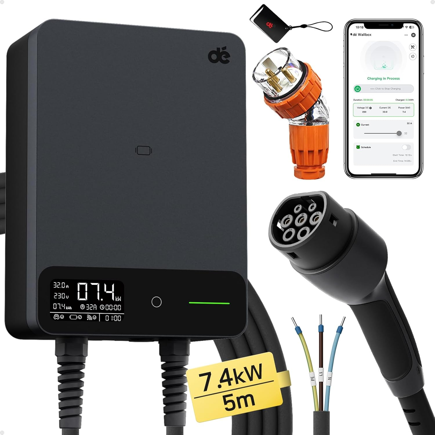 D&eacute; EV Charger Wallbox 7.4Kw APP [6-32A, 1-Phase] EV Charging Station with 5M Type 2 to Type 2 EV Charging Cable, RFID, EV Charger 32A with RCD Type-B for Model Y/3, BYD/MG and Other BEV/PHEV image number 1