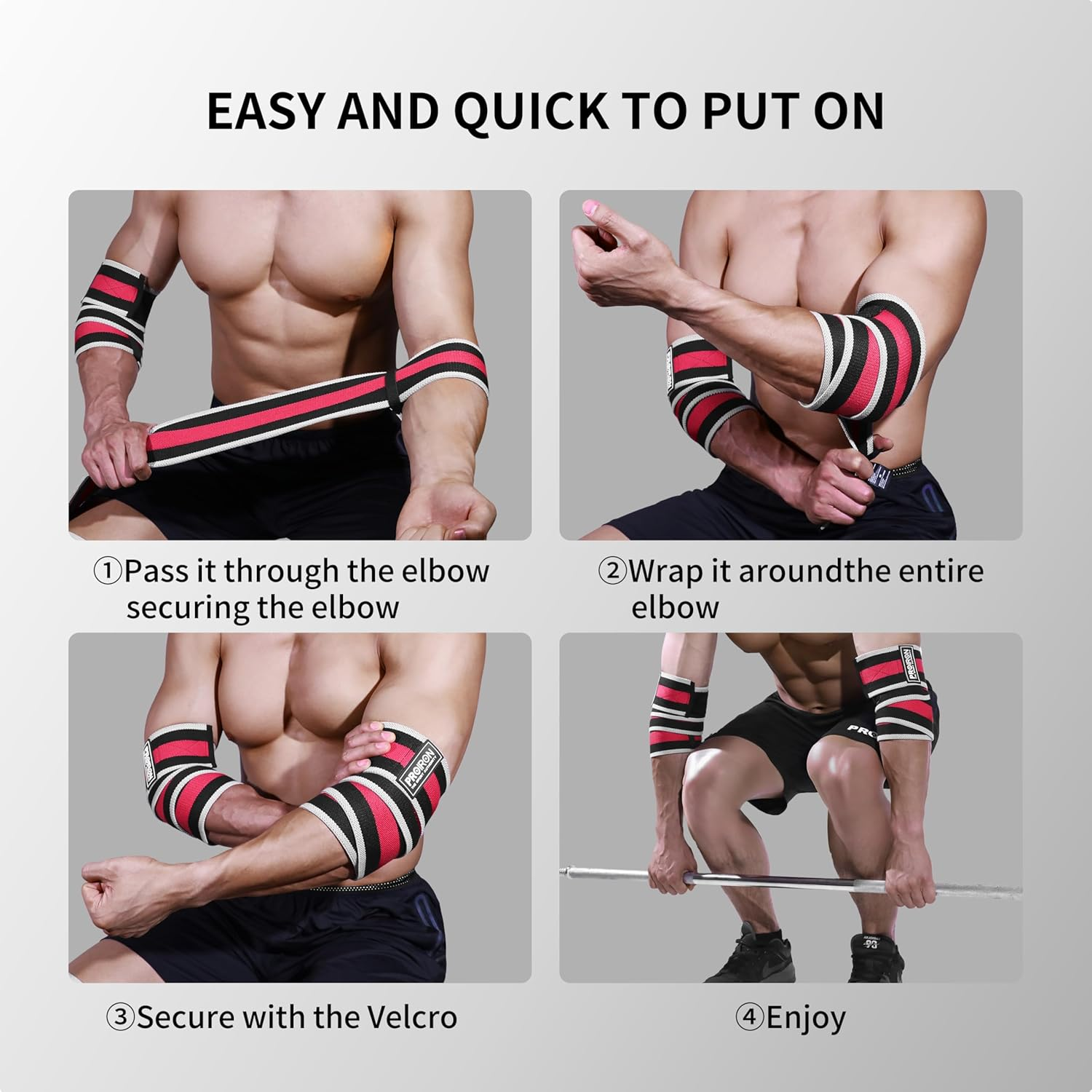 PROIRON Elbow Wraps for Weightlifting (Pair), Stretchable 47" Elbow Compression Strap, Weightlifting Straps for Bench Press, Powerlifting, Pressing, Elbow Straps for Golfer'S Elbow & Tendonitis image number 3