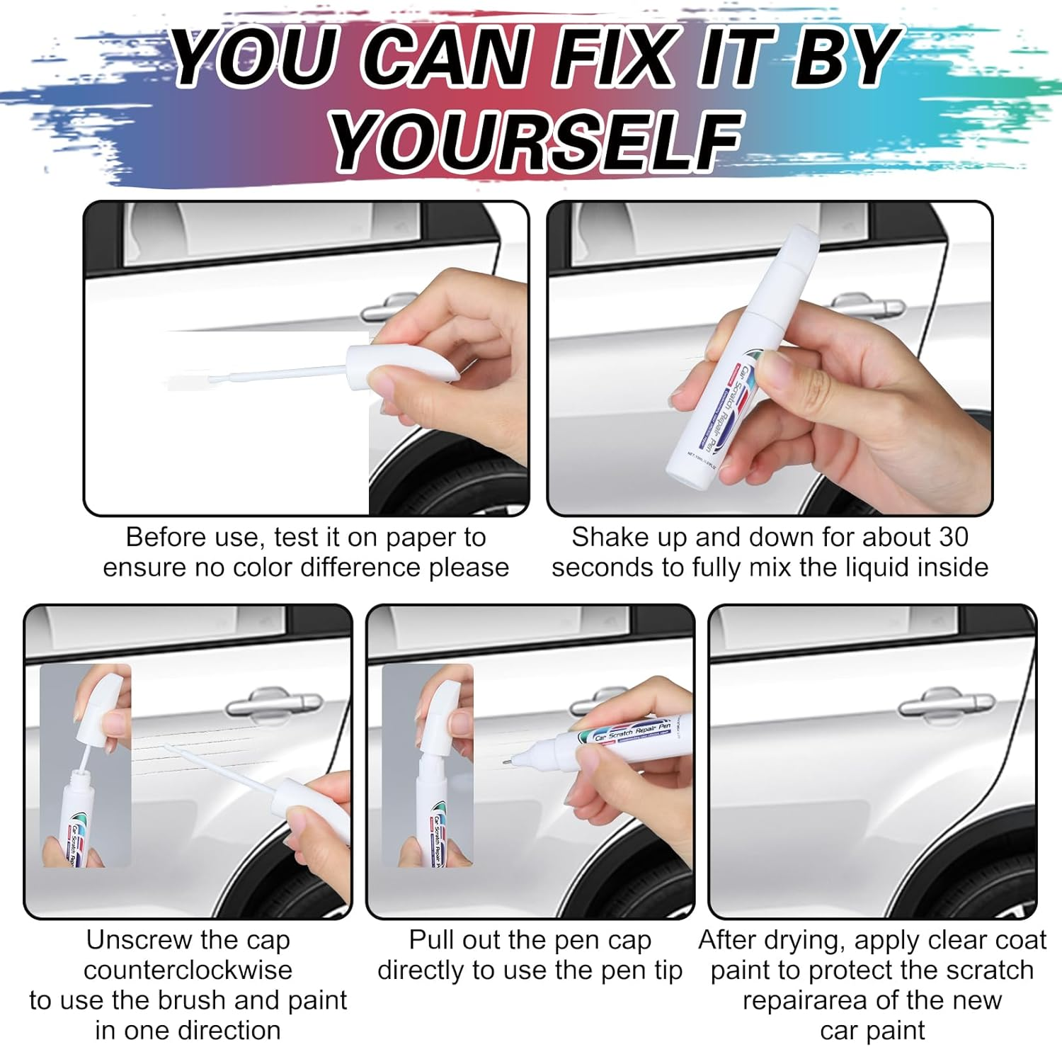 2-In-1 Touch up Paint for Cars,Car Paint Touch up Pen for Deep Scratches,Car Scratch Repair Pen Auto Scratch Remover for Quick and Easy Fix,Quick Drying-Long Lasting Adhension (White) image number 6