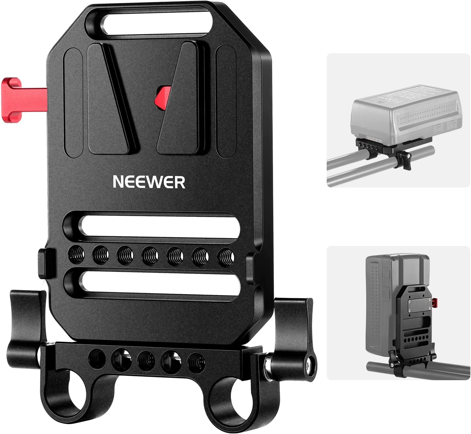 NEEWER V Mount Battery Plate with Dual 15Mm Rod Clamps, 1/4" & 3/8" Threads, Metal V Lock Battery Mounting Plate Fits Camera Rig Cage with 15Mm Rail Rod Support System, Compatible with Smallrig (ST43) image number 1