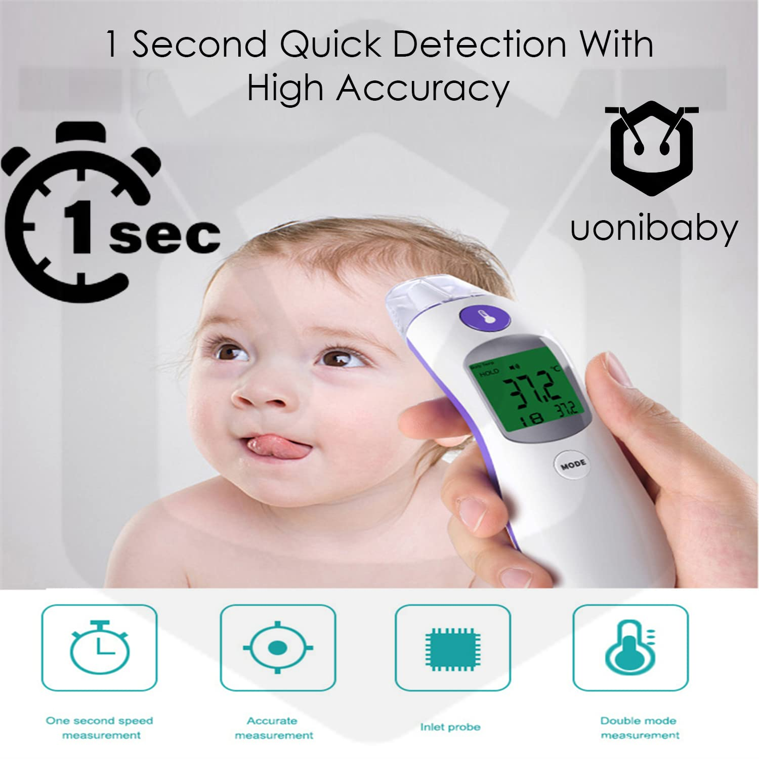 Ear and Forehead Digital Thermometer for Kids and Adults by Uonibaby | Non-Touch Infrared Digital Thermometer with Fast 1 Second Quick Detection and Accurate IR Sensors for Body and Object Temperatures | Fever Alarm and Light Indication with LCD Change Colour to Green, Orange and Red (Includes Batteries and Carry Bag) | Food and Beverages Temperatures Can Be Measured image number 6