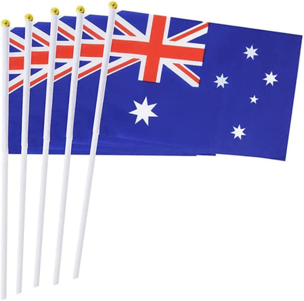 10 Pack Australia Flags 5X8 Inch Hand Waving Stick Flags Small Handheld AU Flags with Safe round Top Mini National Day Country Flags Party Decorations for Parades World Cup Sports International Festival Events (Australia Flag) image number 1