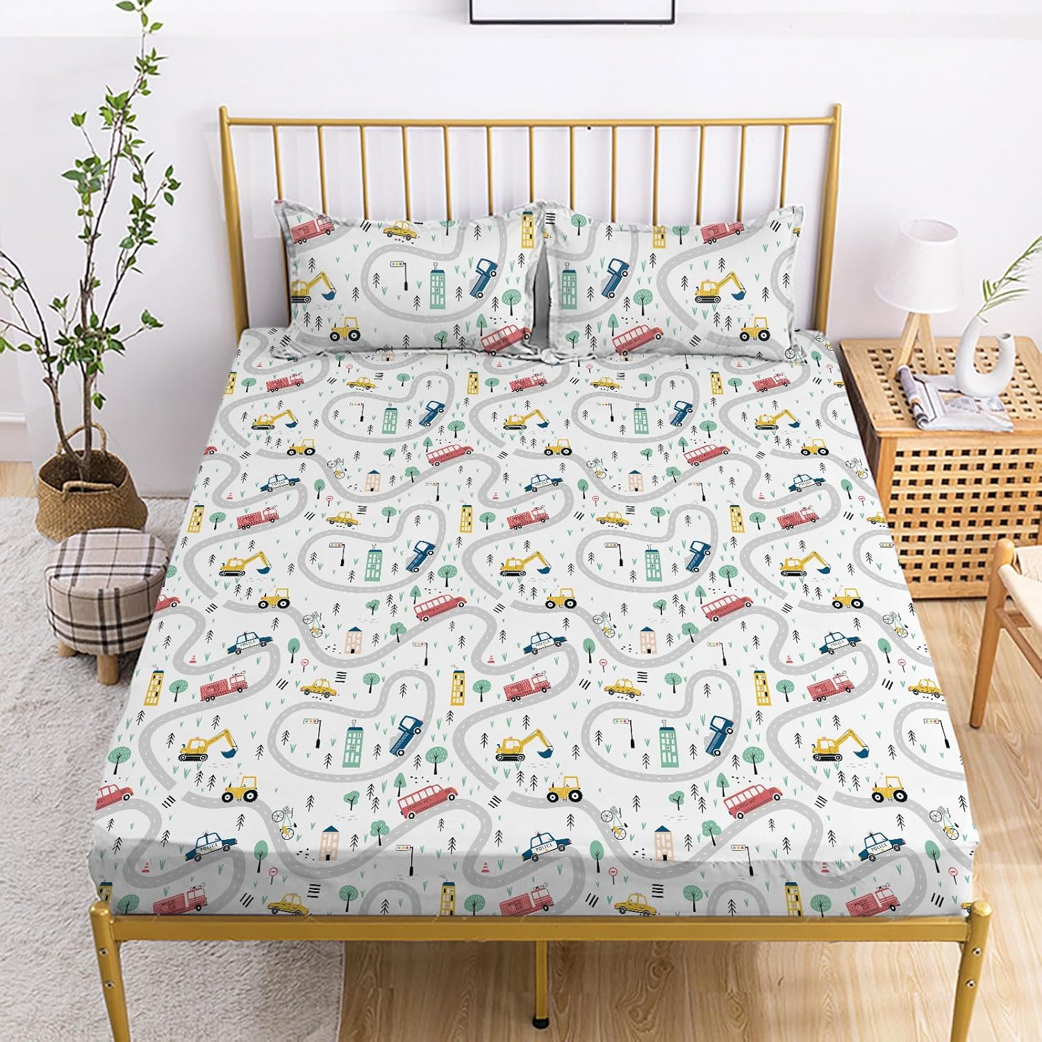 Yasida Twin Kids Fitted Sheets Road Traffic Themed Sheet and Pillowcases Set Cute Cartoon Truck Bed Boys Twin Sheet Set 2 Piece Bedding Decor Set