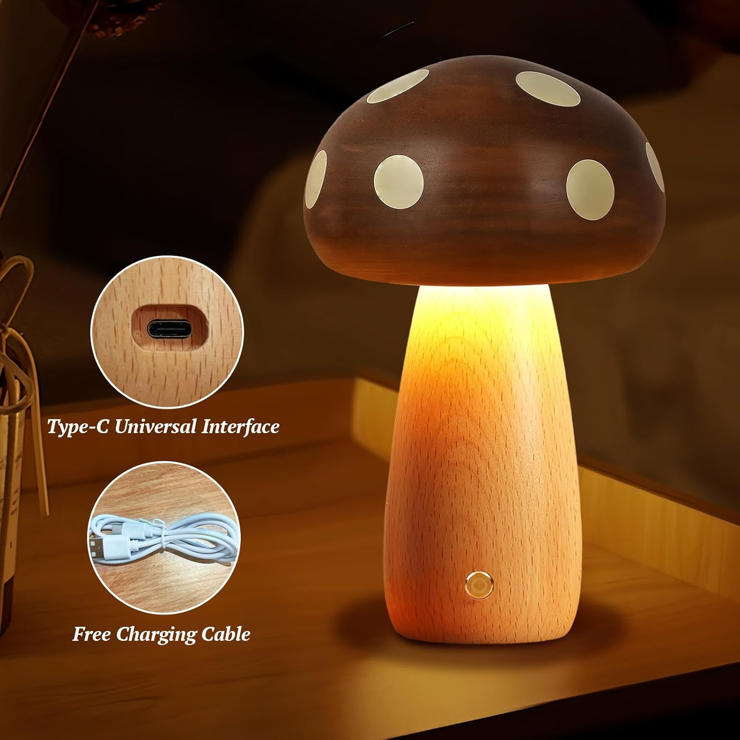 RUIOMII Touch Cordless Mushroom Lamp,5 Levels Brightness Small Wood Mushroom Night Light for Bedside Bedroom Home Include USB-C Port Charging Cable image number 4