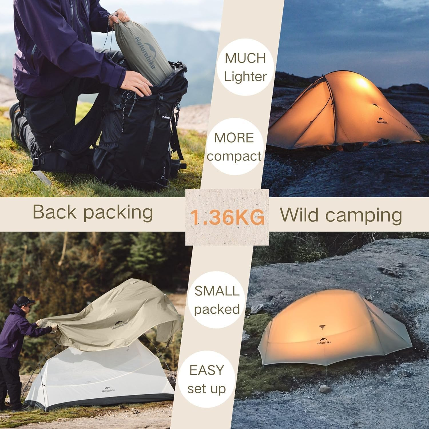 Naturehike 2024 Cloud up Pro Tent, Upgrade Ultralight Tents,1.23Kg/2.7Lbs,Double 1 Person Tent,For Cycle Camping,Backpacking,Hiking,Self-Standing, Construction,Easy Set Up - Grey-Single image number 4