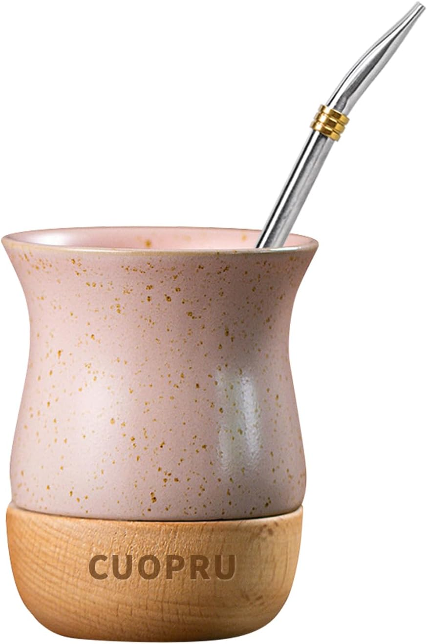 8 OZ Ceramic Yerba Mate Cup with Original Wood Base, Includes Mate Gourd, Bombilla Straw and Cleaning Brush - Perfect for Traditional Yerba Mate and Modern Style Drinking Mug (Blue) - Black image number 6