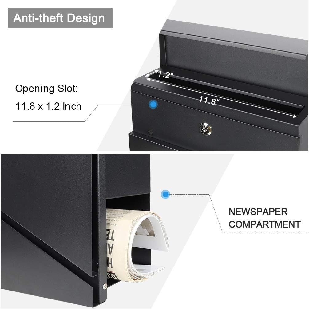 Lockable Mailboxes with Keys,Outdoor Wall Mounted Mail Box with Large Capacity,14 3/10" X 4 1/10" X 13", Black image number 3