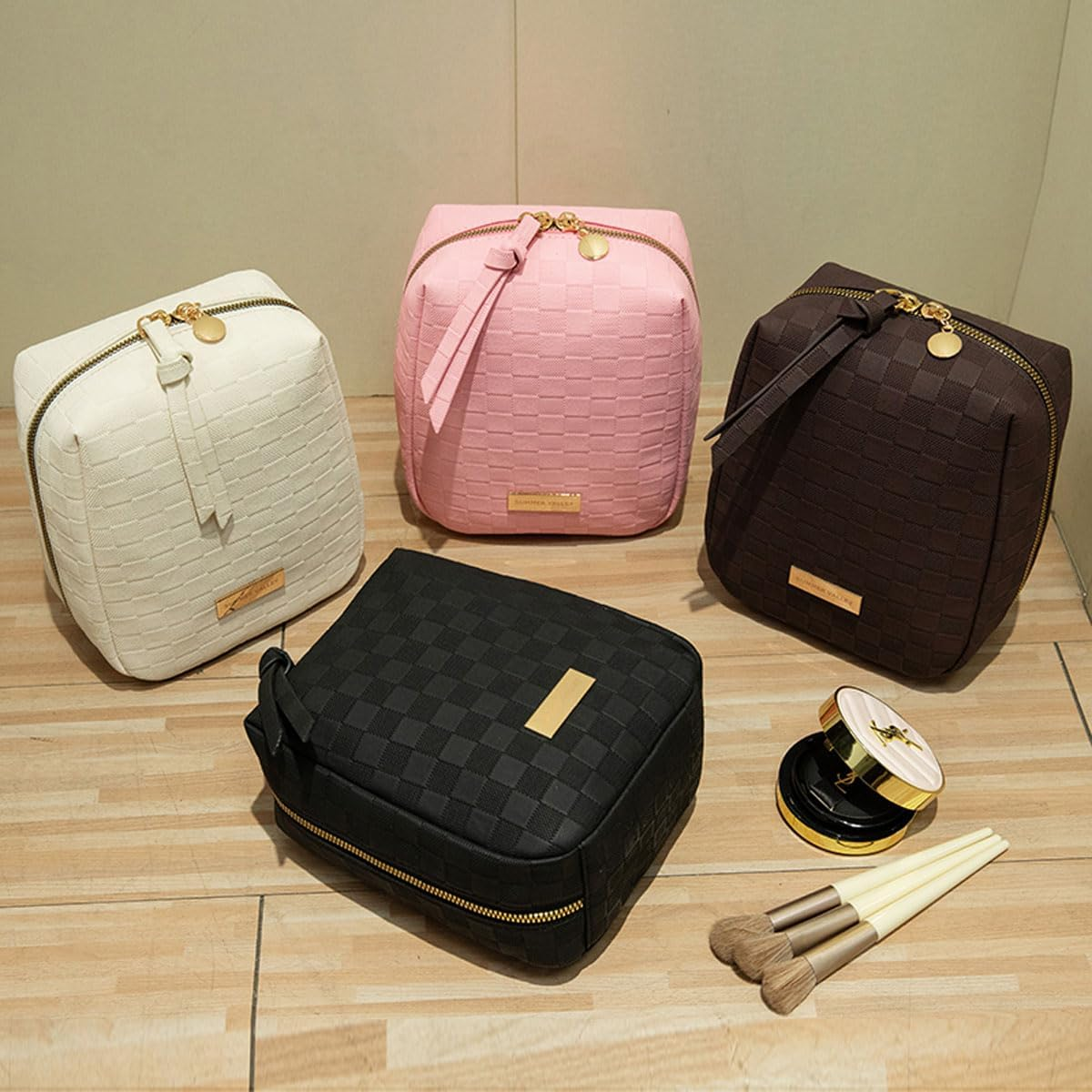 DDPOND Elegant Portable Plaid Cosmetic Bag for Women with Compartments Large Capacity Travel Makeup Bag for Purse (Pink) image number 6