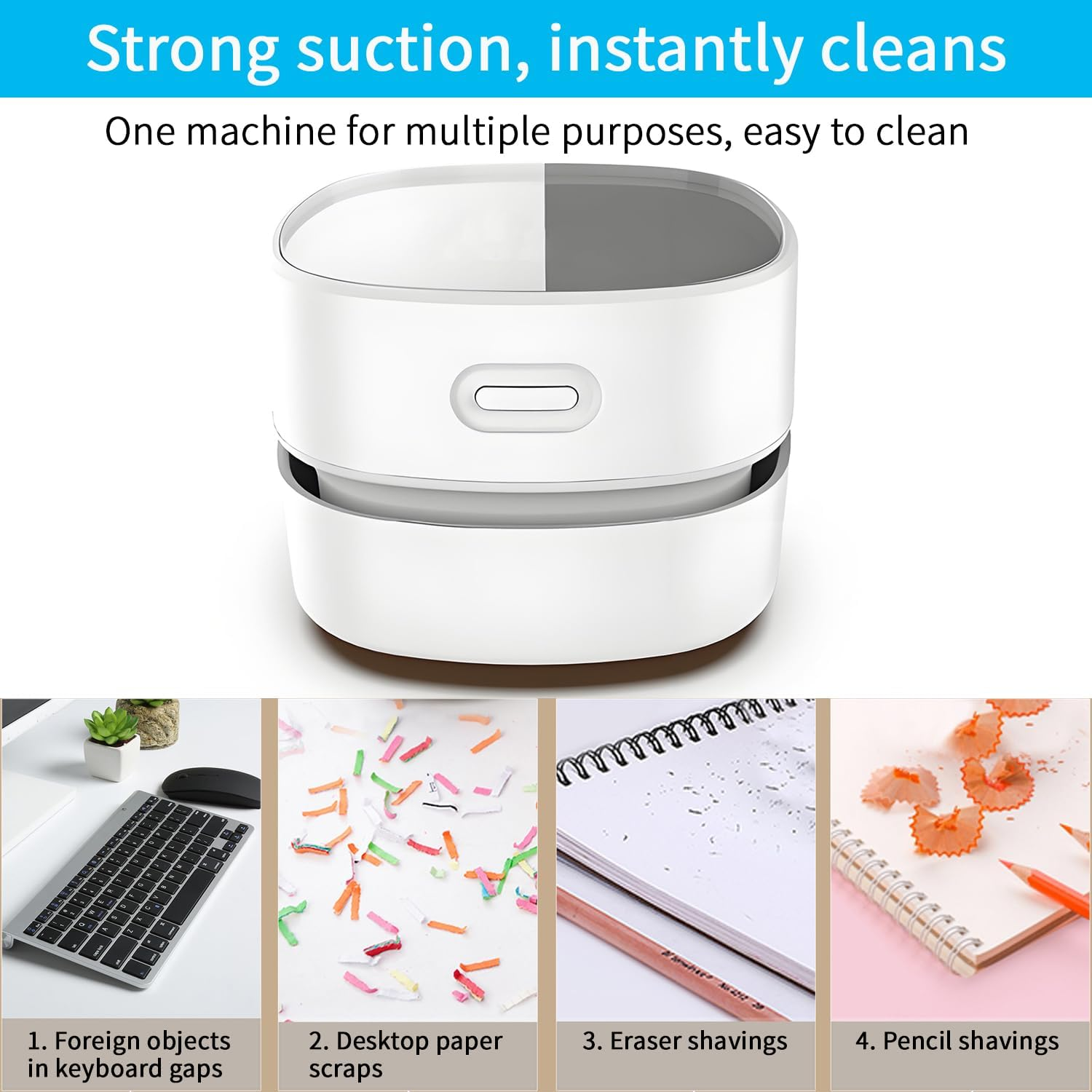 QUMOX Mini Desk Vacuum Cleaner &ndash; Cordless USB Rechargeable Tabletop Cleaner with 1400Mah Battery, Powerful Suction, for Keyboard, Dust, Crumbs, Paper Shavings, and Pet Hair (White) image number 5