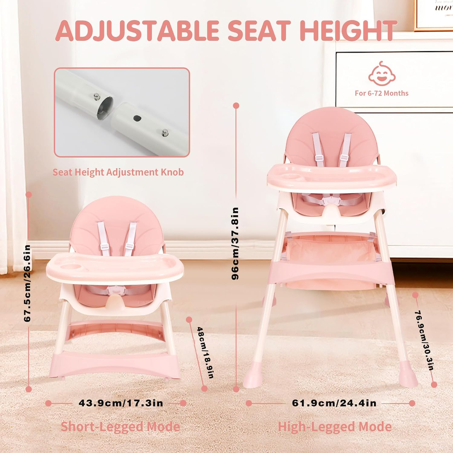 Portable Baby High Chair, 6 in 1 Convertible High Chairs for Babies & Toddlers with 5-Point Safety Harness, Foldable High Chair for Space-Saving, Adjustable Dining Tray, Backrest & Height image number 5