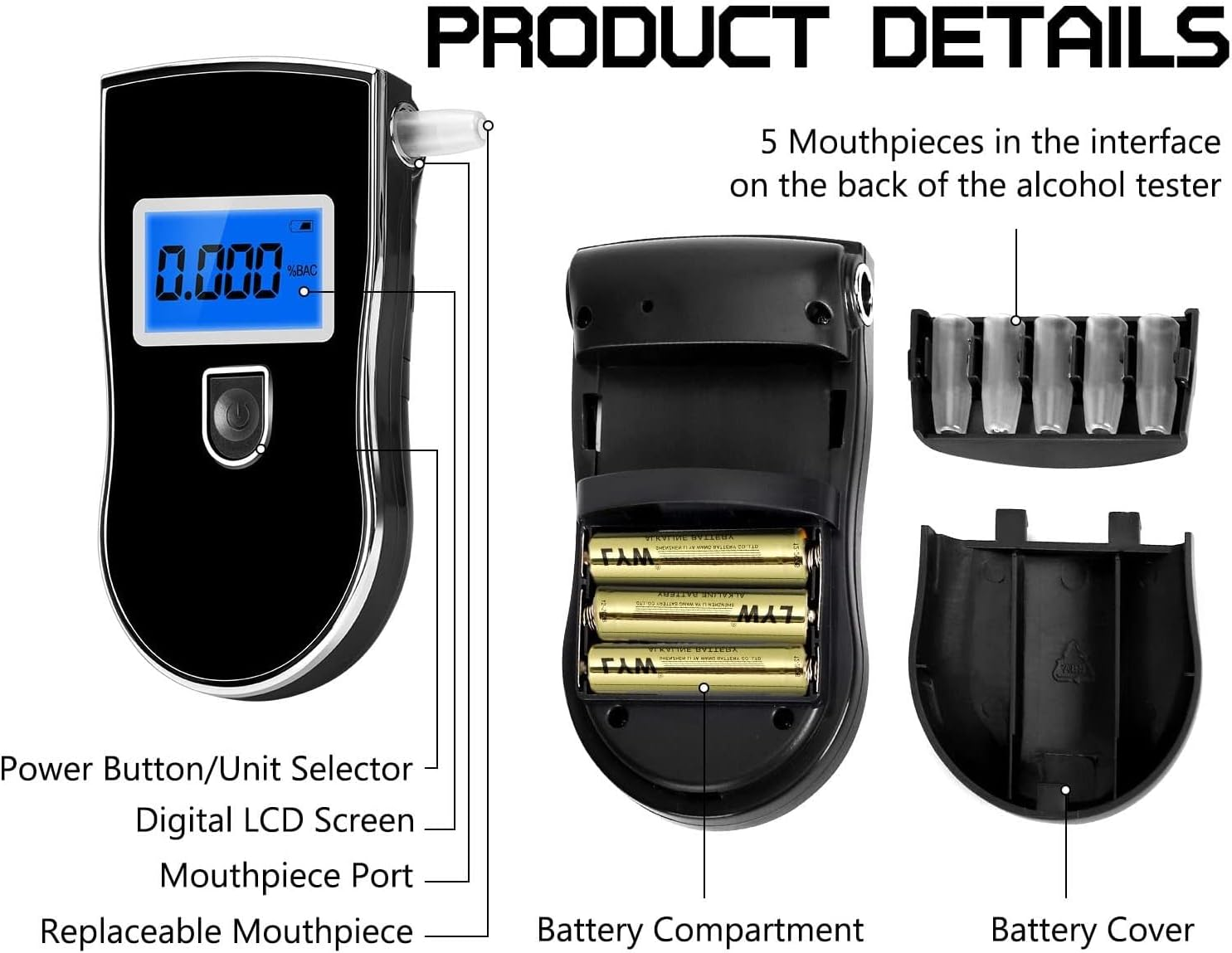Alcohol Breathalyzer, Professional Grade Accuracy Alcohol Breath Tester for BAC Testing, Portable Blood Alcohol Tester with 5 Mouthpieces & Digital Blue LCD Display for Personal Home Use Black image number 6