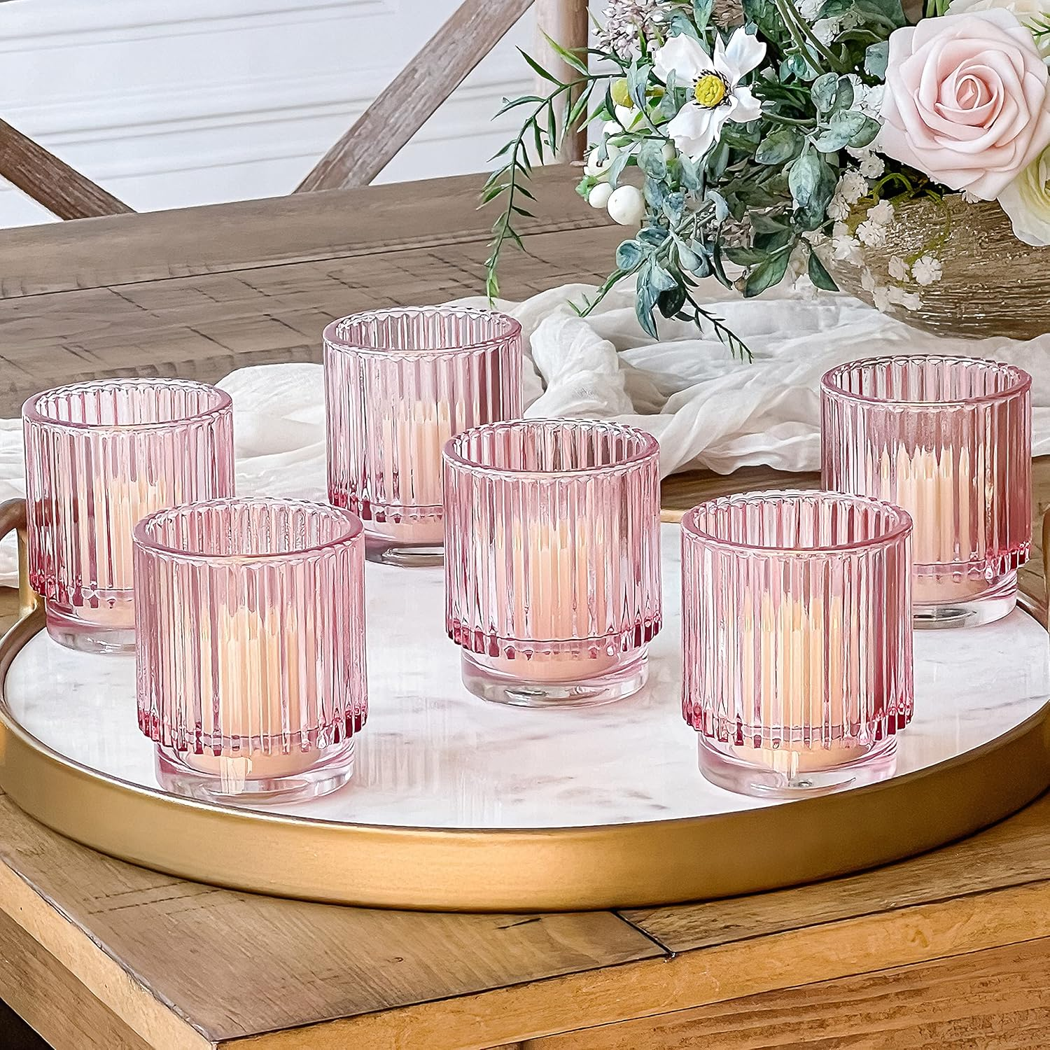 Kate Aspen Blush Pink Vintage Ribbed Glass Tealight Votive Candle Holders by (Set of 6), Pink Decor, Boho Decor, Shelf Decoration, Rose Gold Look | Perfect Hostess Gift