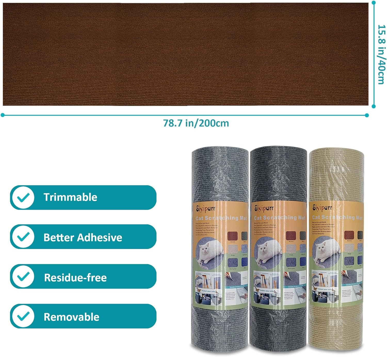 Cat Wall Scratcher，Couch Corner Protectors for Cats，78.7 * 15.8In Adhesive Carpet Remnants Roll，Sticky Furniture Scratch Guards(Brown) image number 4