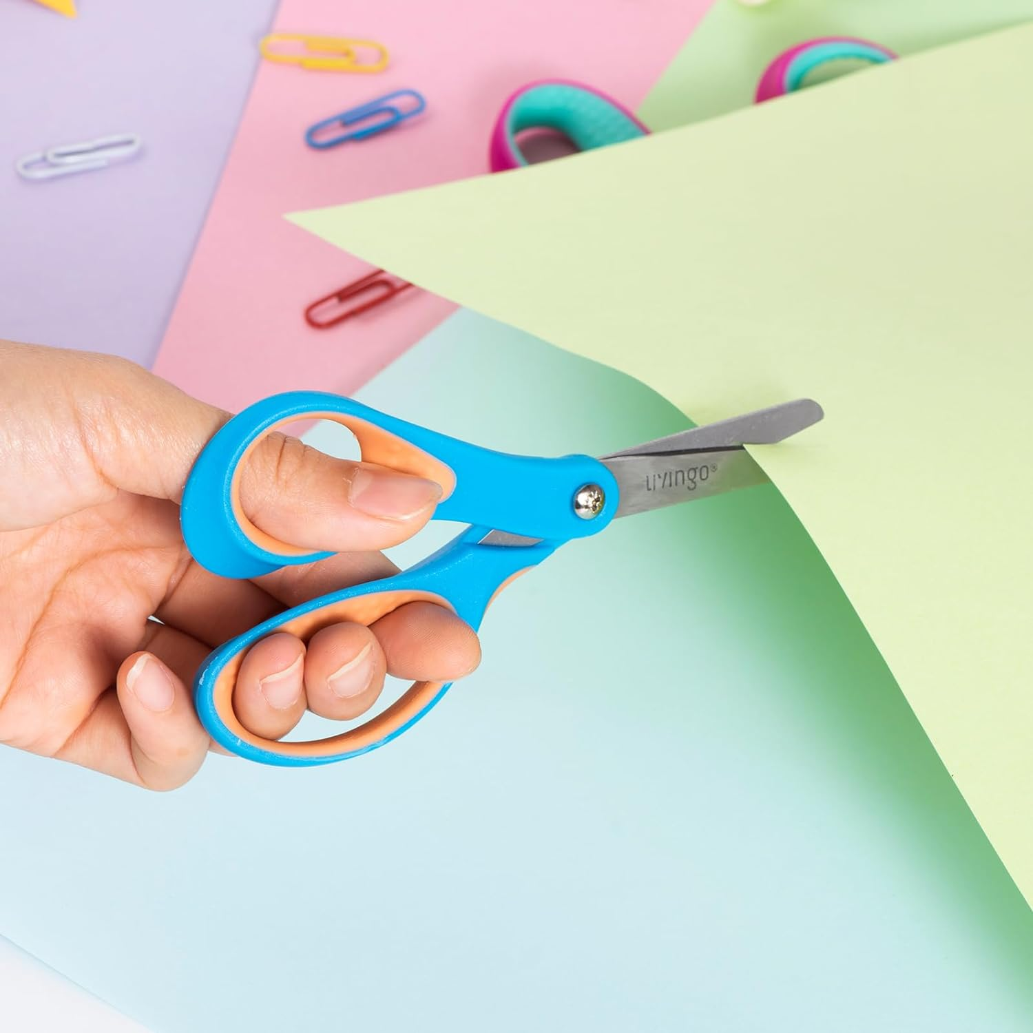 LIVINGO Left Handed Kids Scissors: Blunt Tip Safety Lefty Toddler Child Scissors for School Craft Cutting Paper - 3 Pack 5 Inches Comfort Grip Green, Rose Pink, Blue image number 6