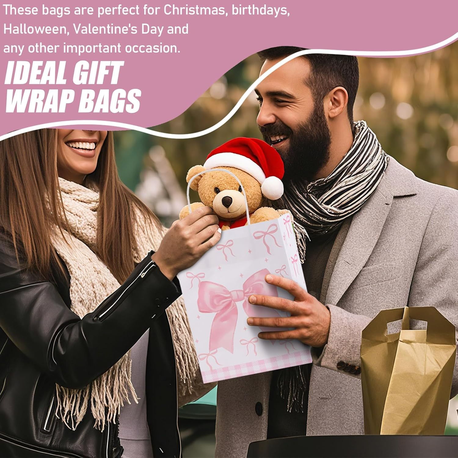 ACOSIY 12 PCS Bow Pink Goodie Bags, Plain Reusable Gift Bags with Handles, Pastel Candy Party Favor for Wedding Birthday Bridal Engagement Decorations (Pink) image number 4