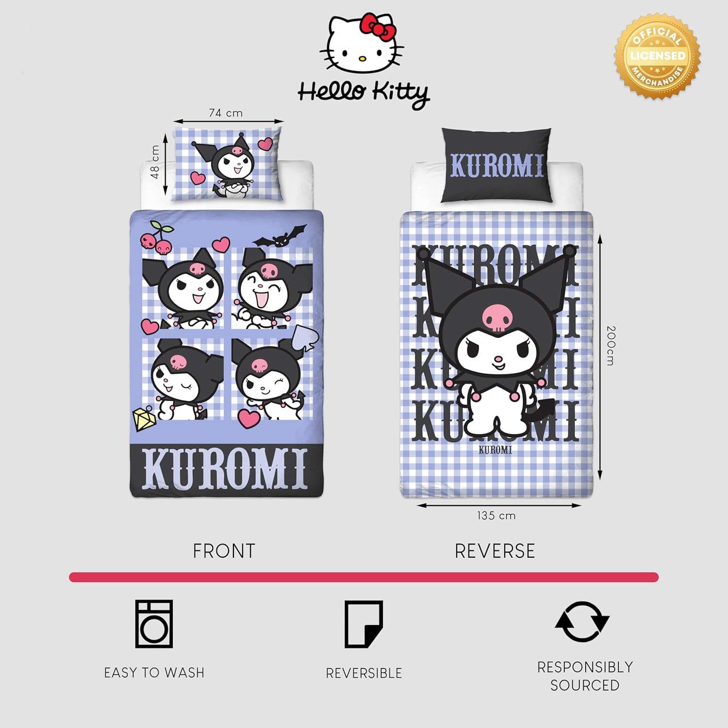 Character World Hello Kitty Officially Licensed Rebel Design Single Duvet Cover Set | Reversible 2 Sided Kuromi Bedding Including Matching Pillow Case | Perfect for Kids Bedroom | Polycotton image number 2