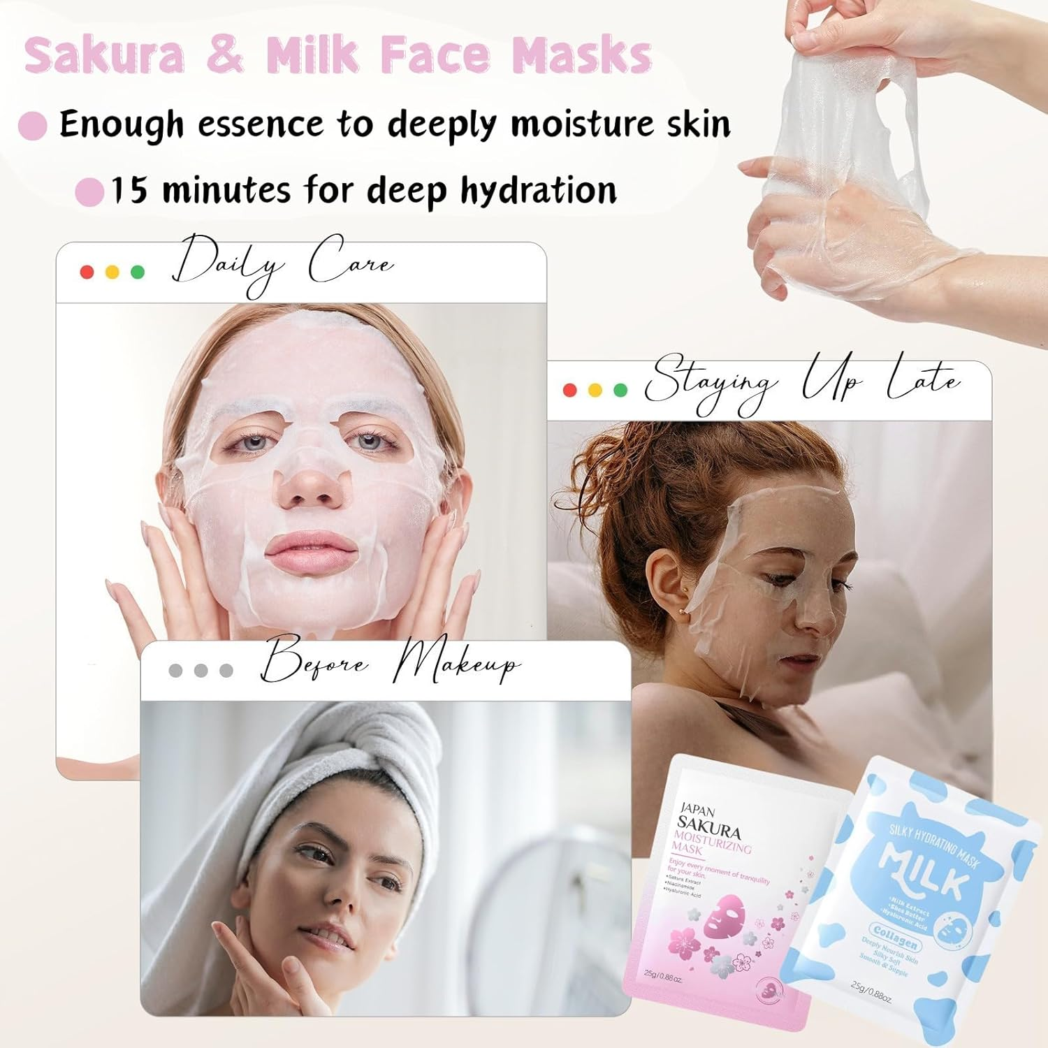 26PCS Sleepover Spa Party Supplies Set,Sakura & Milk Skin Care Set for Teenager Girl Gift,Pamper Gifts for Women with Hand Cream,Face Masks, Lip & Eye Masks,Travel-Friendly Birthday Gifts for Women image number 2