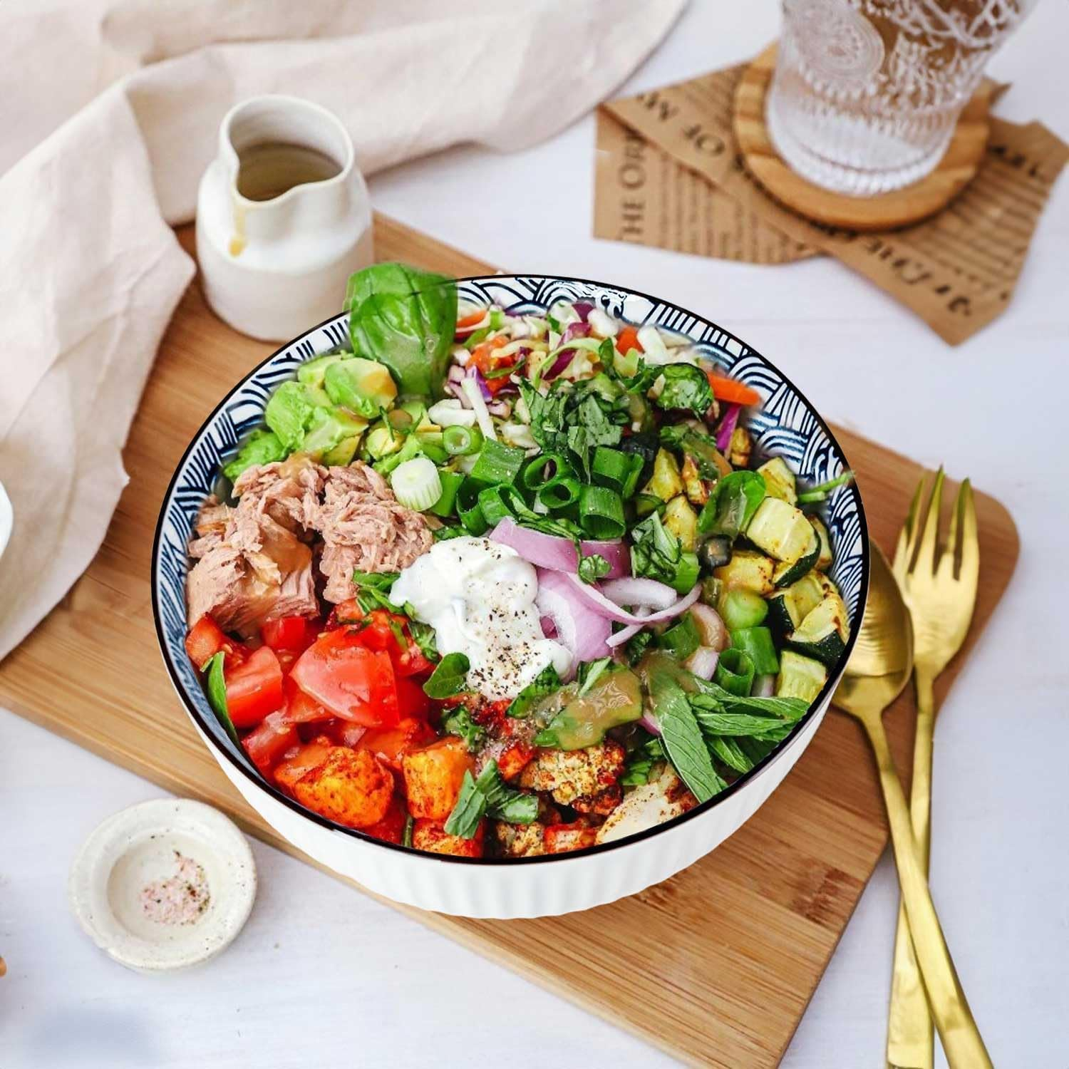 8 Inch Japanese Ramen Bowls Set of 3, 60 Oz Large Soup Bowl, Pho Bowls, Blue and White Porcelain Big Bowls for Eating, 3 Mixing Patterns image number 2