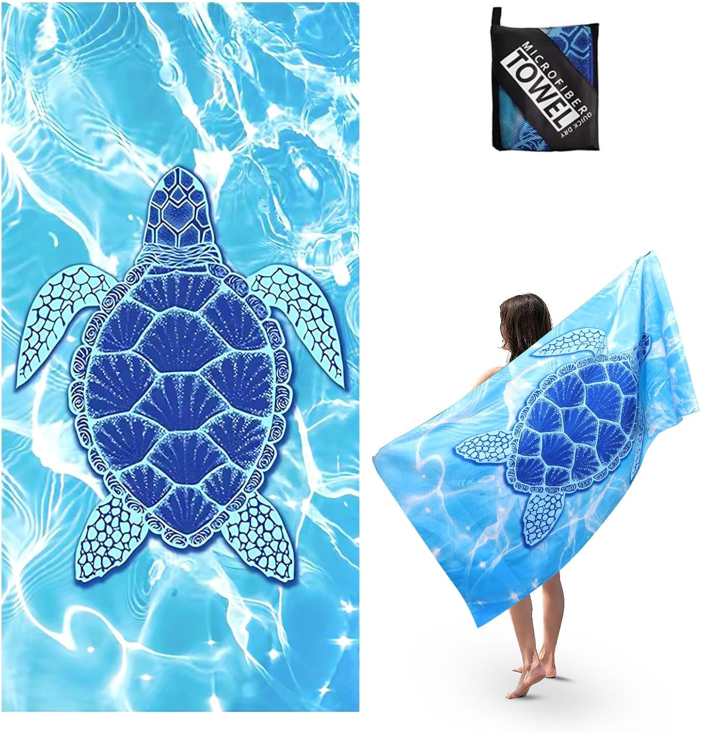 Microfibre Oversized Beach Towel - JOMWEN 180 &times; 90 Cm Quick Dry Striped Pool Towel, Beach Accessories, Extra Large Soft Lightweight Compact Beach Towels with Net Bag for Men Women (Blue, 1 Pack)