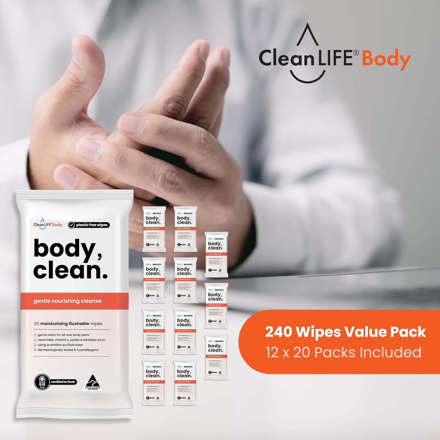 Cleanlife Flushable Body Wipes &ndash; No Rinse Shower Wipes for Adults, Plant-Based Fibre, Fragrance Free, Ceramides & Vitamin C, Skin Nourishing Towelettes, 20 Wipes, 12 Packs image number 1