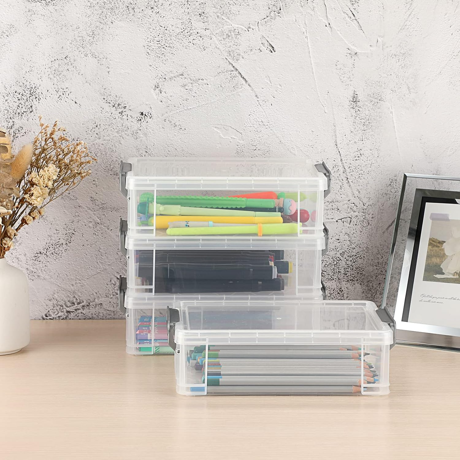 BTSKY 4 Pack Extra Large Capacity Plastic Pencil Box Stackable Translucent Clear Office Supplies Storage Organizer for Gel Pens Erasers Tape Pens Markers Etc(Grey) - Blue image number 5
