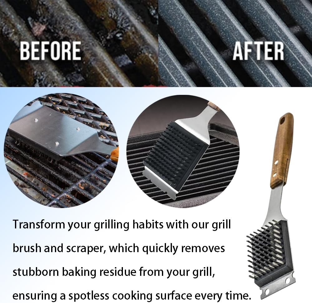 Grill Brush with Scraper and Long Wooden Handle for Safe Cleaning, Replaceable Stainless Steel Brush Hairs for Durable Use, Effortlessly Tackle Any Grill Surface