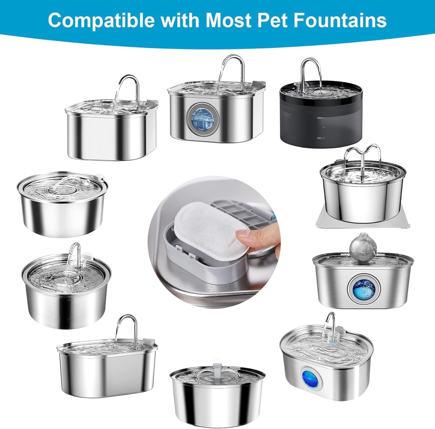 Vindox Cat Fountain Filter, Pack of 16 Replacement Filters with Activated Carbon Filter for 2L/3.2L/4L Stainless Steel Drinking Fountain Cats, Drinking Fountain Filter, Pet Filter for Cats and Dogs image number 1