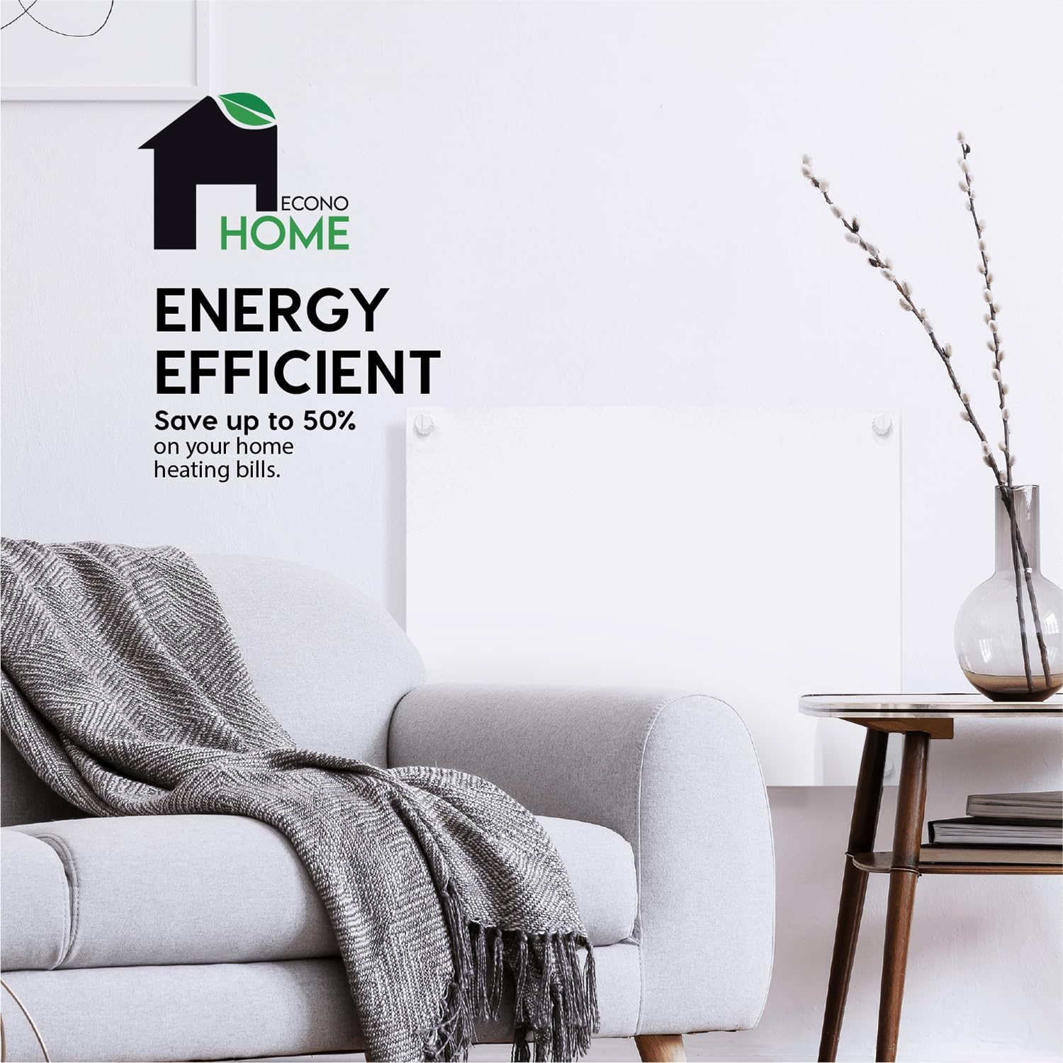 Econohome Wall Mount Space Heater Panel - 250 Watt Splashproof Convection Heater with Thermostat - Ideal for 100 Sq Ft Room or Bathroom - 240V Electric Heater