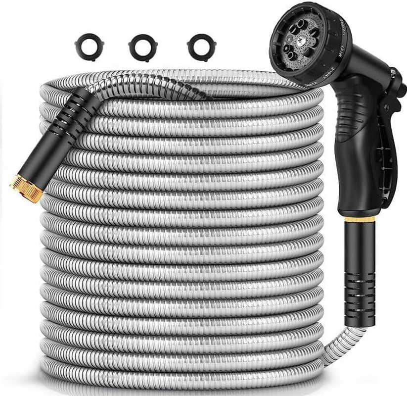 304 Stainless Steel Garden Hose 50Ft, Heavy Duty Water Hose with 10 Functional Nozzles, No Kink, Lightweight and Flexible, Easy to Use and Store, Strong and Sturdy, Suitable for Yard and Lawn image number 5