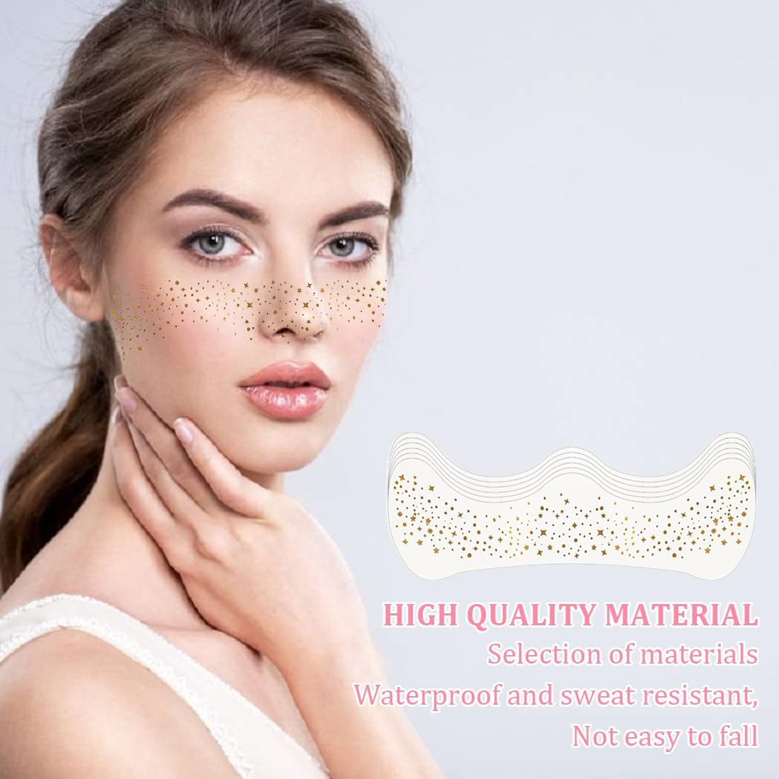 HQRKOTM 6 Pieces Sparkling Freckles Face Tattoos Fake Freckles Makeup Plasters Sparkling Freckle Patches Glow in the Dark Makeup Patches Party Accessory (Gold) image number 3