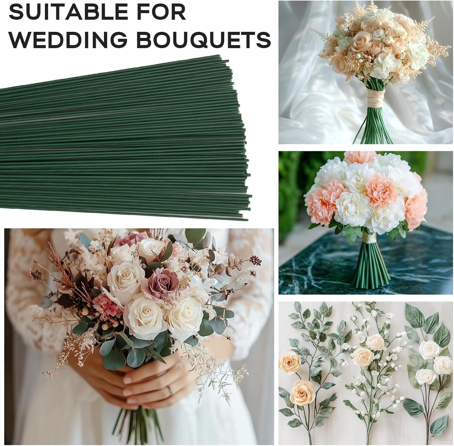 JOWILIN 100 Pcs 40Cm 2 Gauge Dark Green Floral Stems Wire with 2 Rolls Floral Tape, 2Mm Crafting Flower Plastic Wrap Stem for Artificial Flowers Making, DIY Crafts Bouquets, Climbing Plants Support image number 3