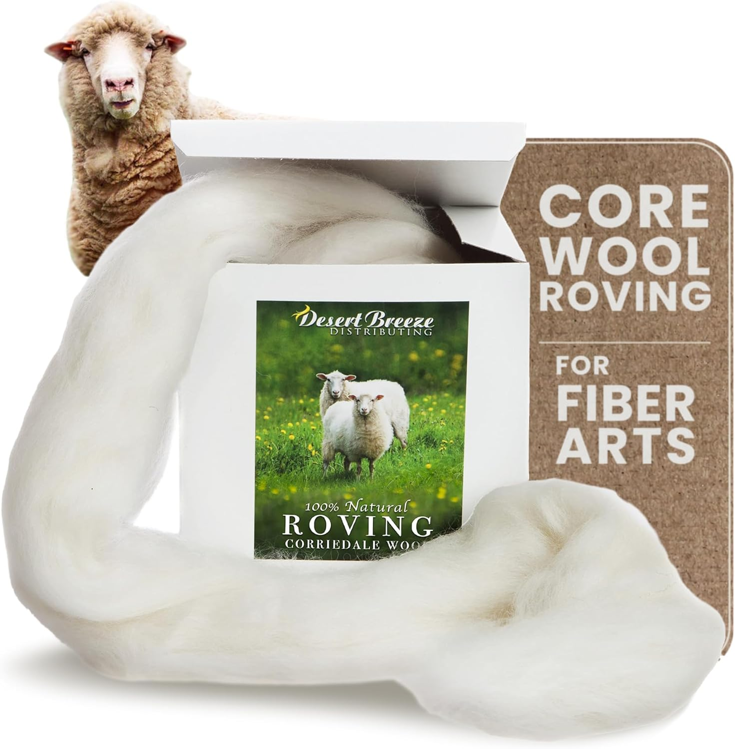 100% Natural White Wool Roving Top, 8 OZ Corriedale, from USA Mill, Best Core Wool for Needle Felting, Wet Felting, Spinning, Dryer Balls, Stuffing, Big Yarn Roving, 29.5 Micron, Un-Dyed
