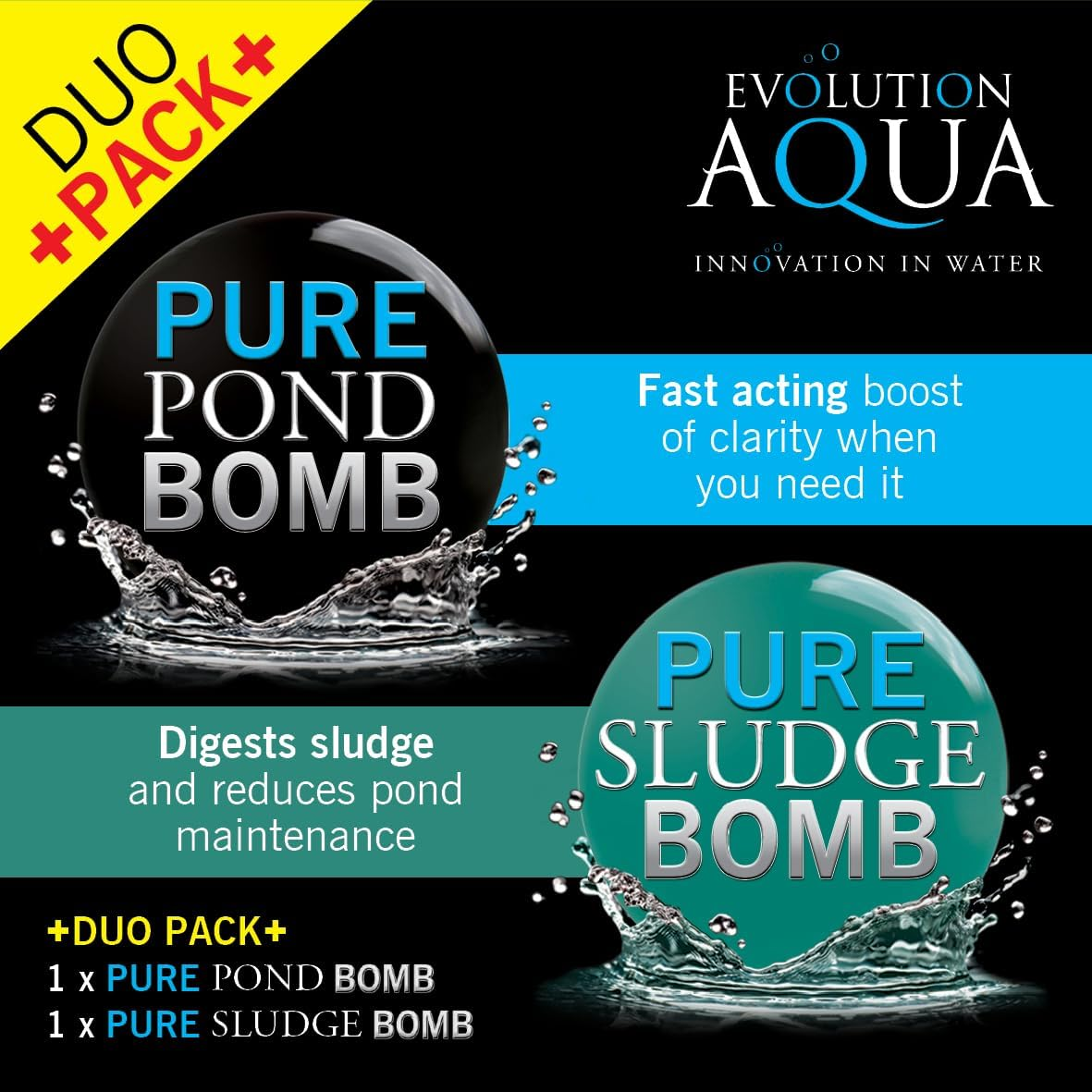 Evolution Aqua Pure Duo Pack Pond Bomb & Sludge Bomb Pond Clear Water Treatment Pond Sludge Remover - Duo Value Pack Offers Complete Natural Pond Water Treatment for Fish Ponds