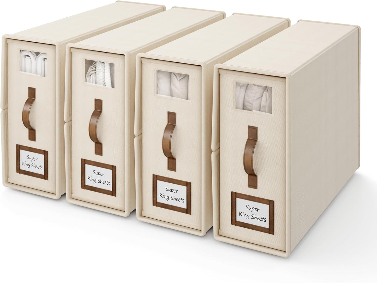 Bigponpon 4 Pack Bed Sheet Organizers and Storage,Foldable Sheet Organizer for Linen Closet(Super King Size),Linen Bedding Storage Box with Leather Handle for Bedsheets,Flannel Blankets,Thin Quilts