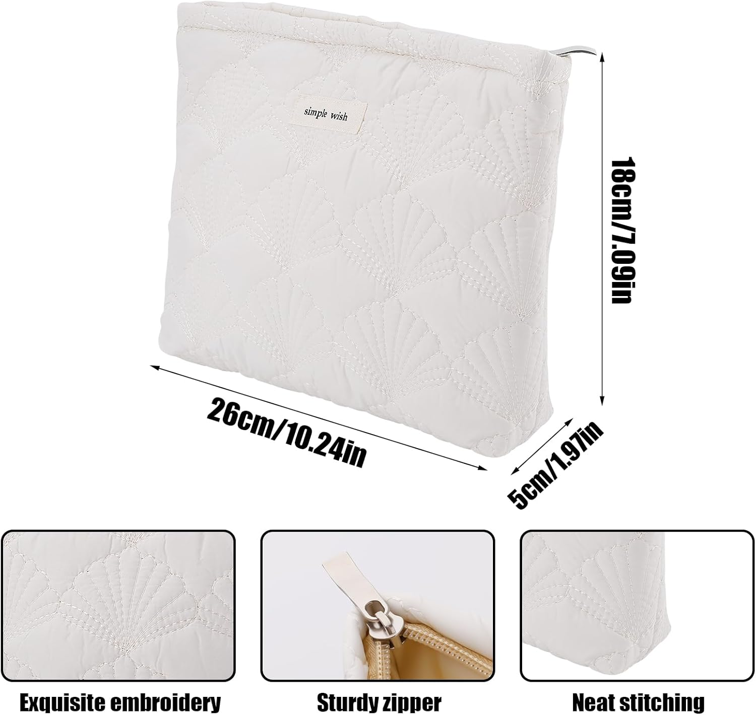 Gosknor Quilted Makeup Bag, Portable Cosmetic Bag White Cotton Emergency Kit Bag Quilted Cotton Aesthetic Cute Travel Makeup Pencil Pouch with Shell Patterns for Women, White, M
