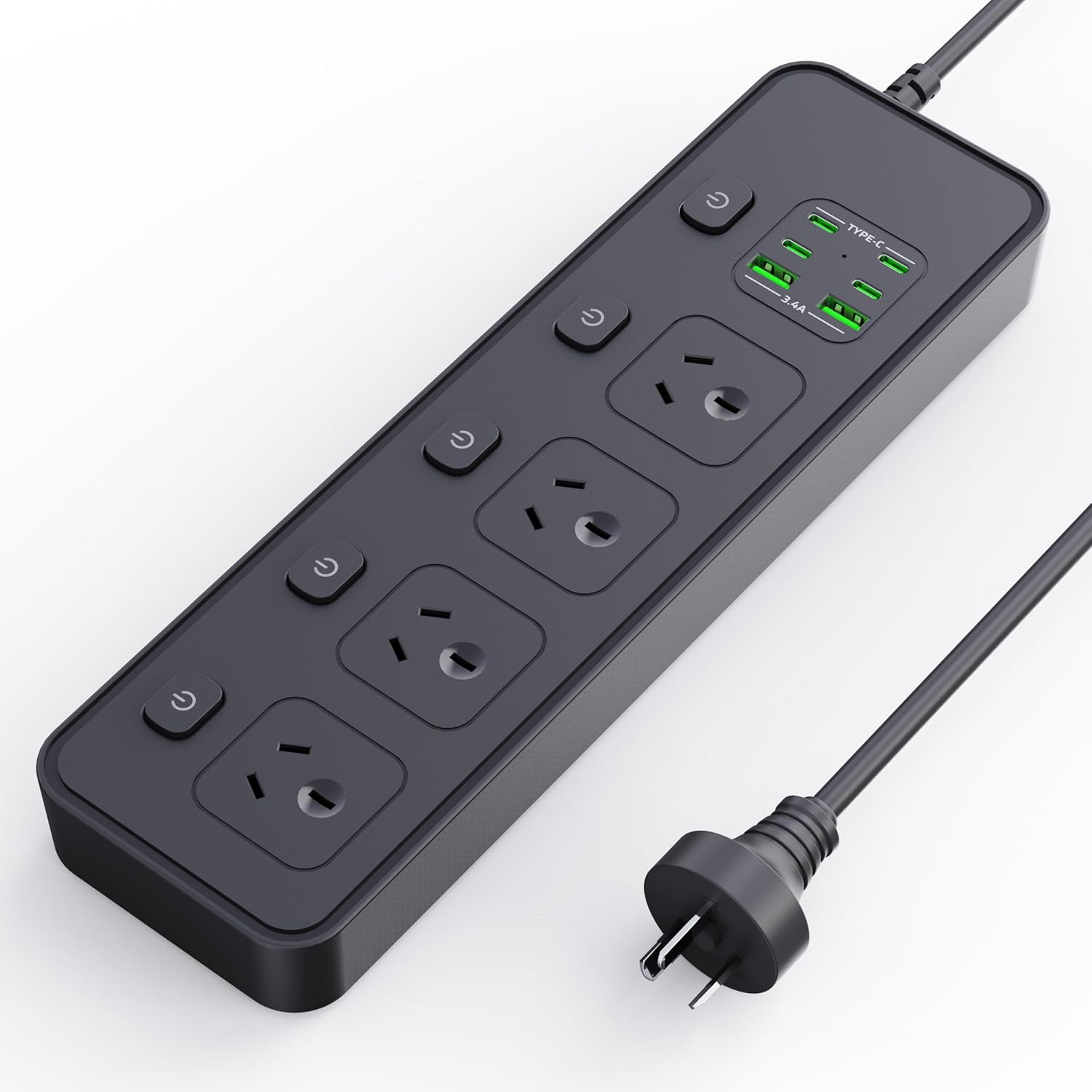 Power Board USB, 2M Black Durable Extension Cord with 4 AC Outlets, 5 Switches, 2 USB-A/4 USB-C Ports Power Strip, Overload, Surge Protection,Wall Mountable Power Board for Office, Home image number 4