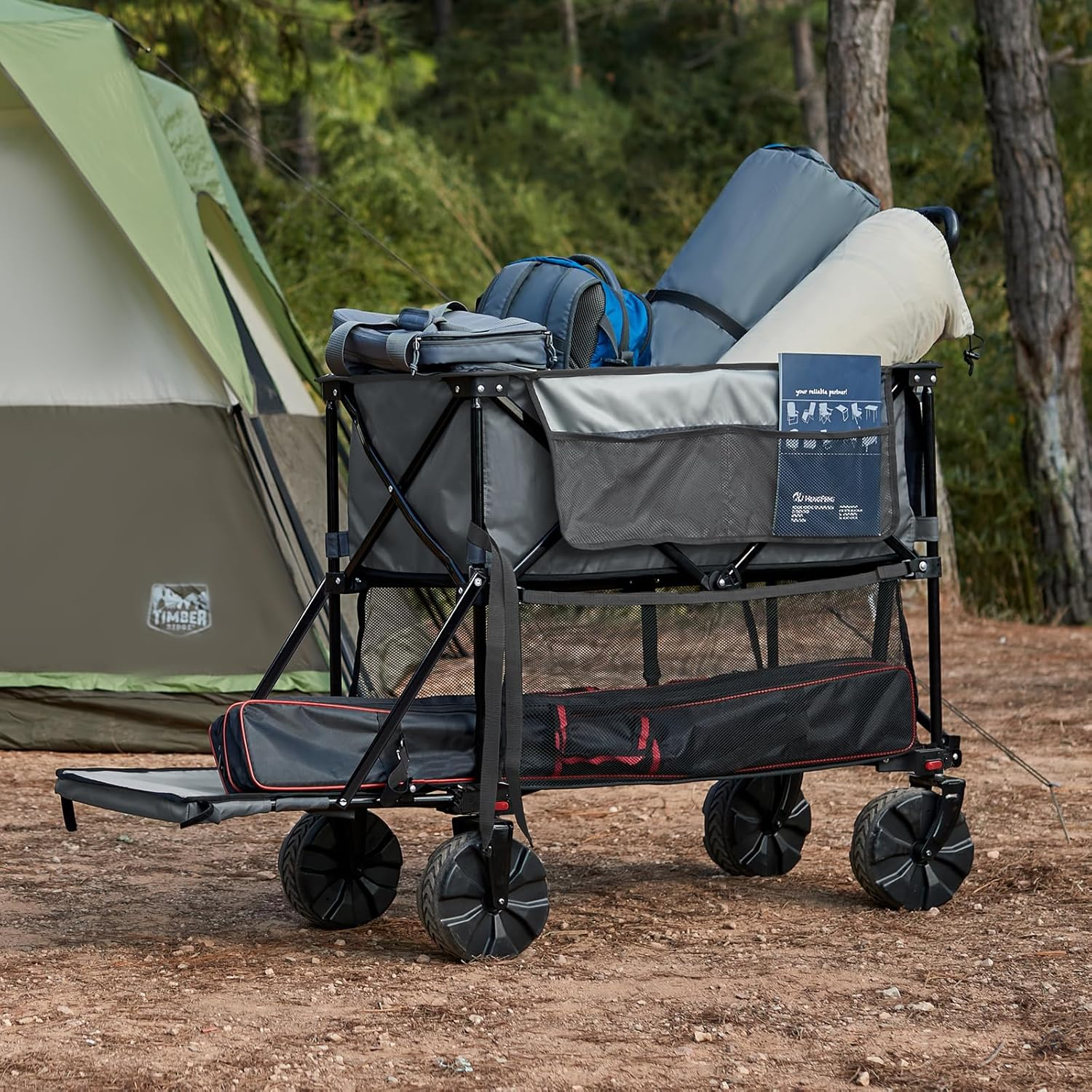 TIMBER RIDGE 400L Large Capacity Folding Double Decker Wagon, 54" Extra Long Extender Wagon Cart, 450Lbs Heavy Duty Collapsible Cart, All-Terrain Big Wheels for Camping, Sports, Shopping image number 2