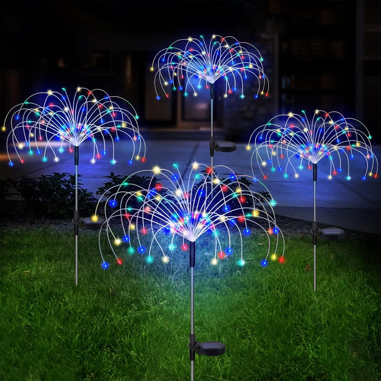 Bongu Solar Firework Lights 4 Pack, 480 LED Solar Powered String Light 8 Modes Twinkling Solar Lights Outdoor for Garden, Wedding, Party, Patio Solar Garden Lights (Multi-Colored)