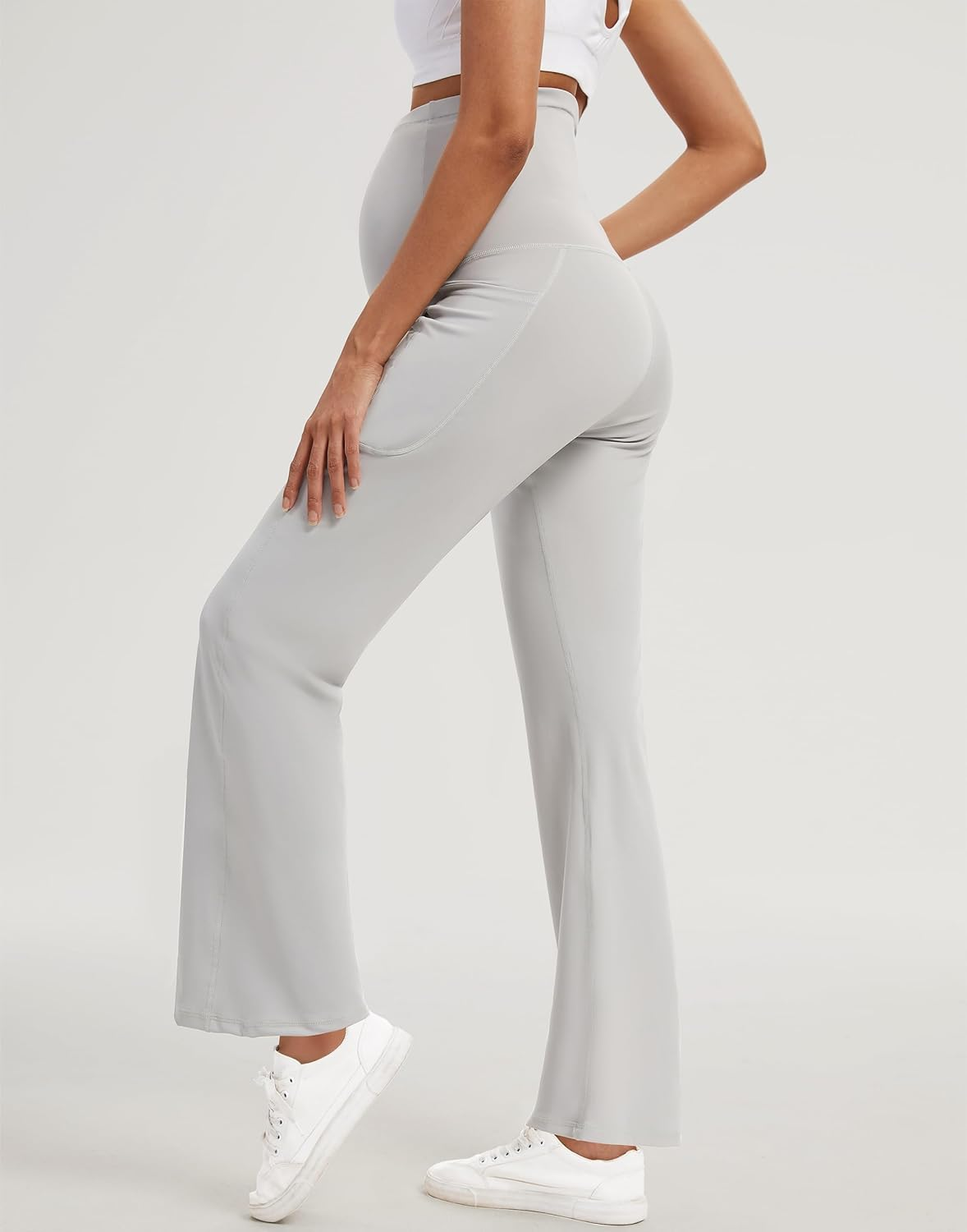 M MOTEEPI Maternity Yoga Pants over the Belly with Pockets - Stretchy Pregnancy Wide Leg Dress Trousers for Work Lounge image number 5