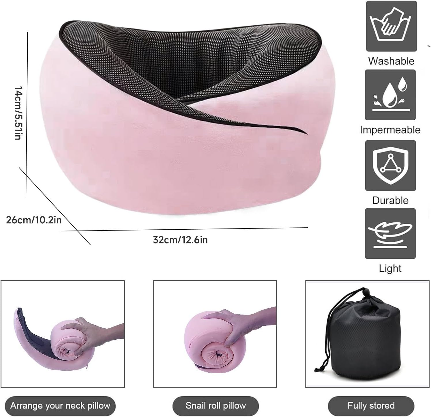 Travel Neck Pillow,Premium Memory Foam Travel Pillow with 3D Contoured Eye Masks & Mesh Bag, Comfortable Breathable Machine Washable, Pain Relief Sleeping Travel Pillows for Planes,Trains,Car-Pink image number 4