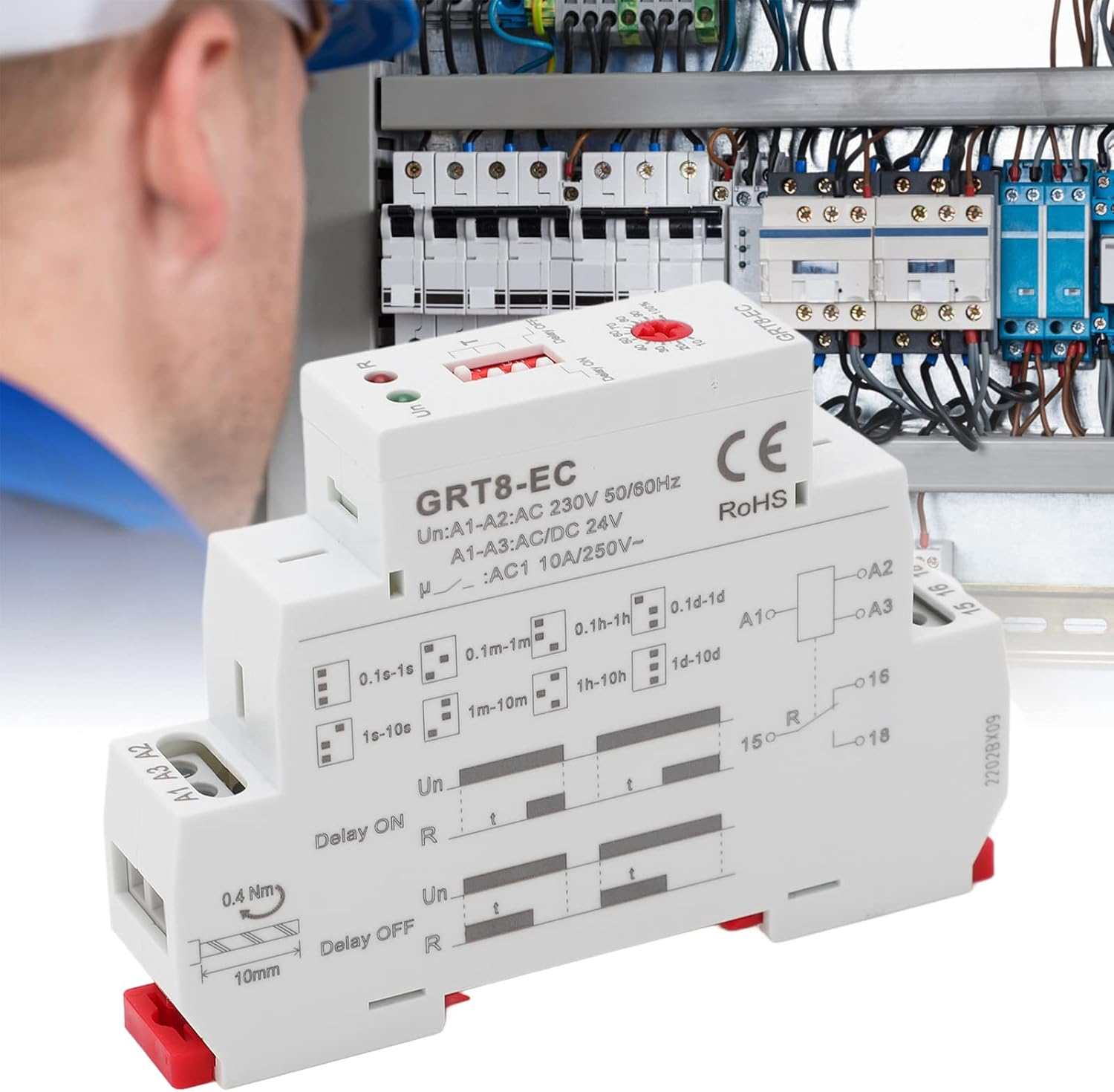 Multifunction Time Relay, Dual Function Mini Power off Delay Time Relay with LED Indicator, 0.1S-10Days AC230V or AC DC24V, Power off Timer Timing Relay (GRT8-EC)