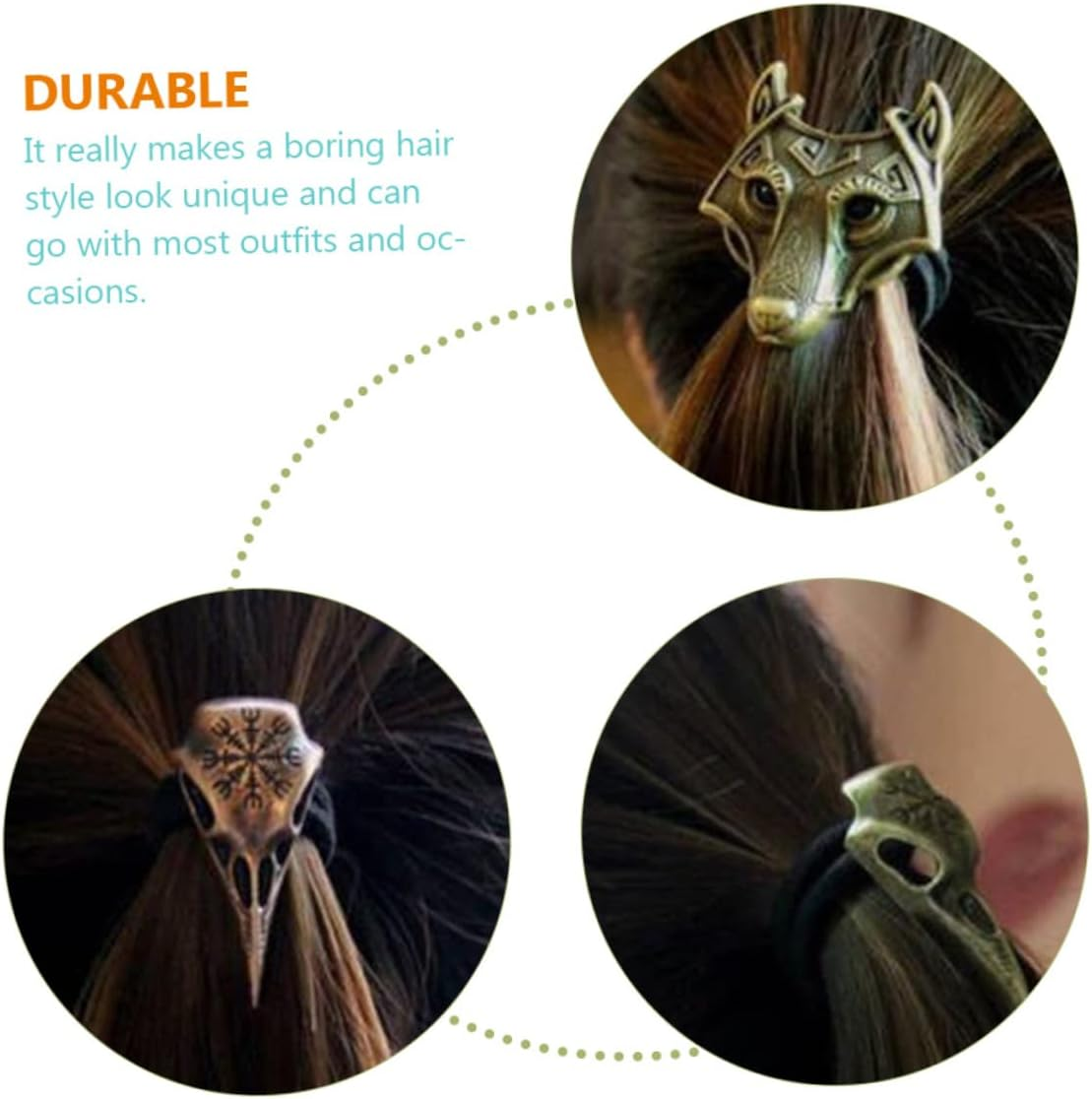 Mikikit Viking Hair Bands with Skull Design, Elastic Hair Bobbles for Halloween and Costume Parties, Antique Bronze and Reddish Brown Looks, Pack of 3 image number 5