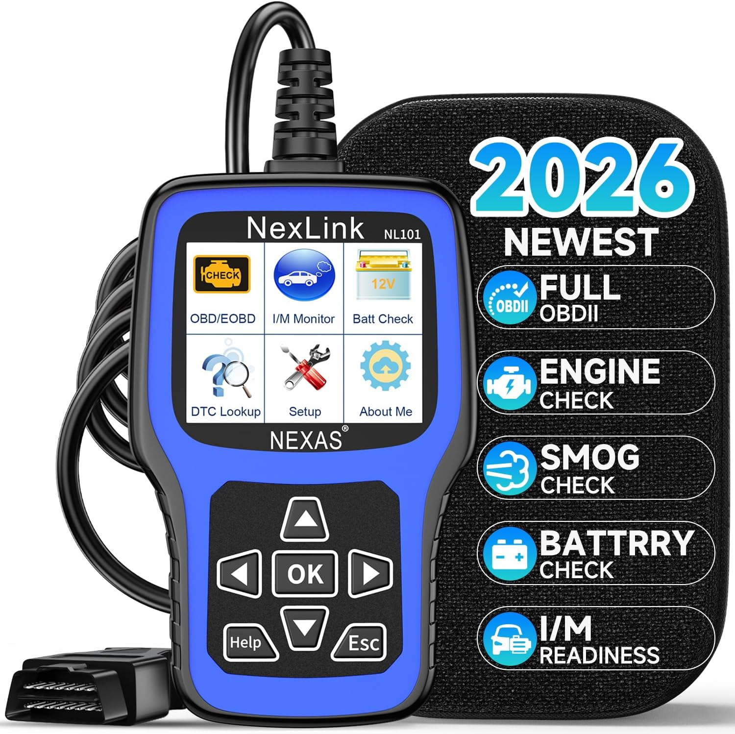NEXAS NL101 OBD2 Scanner Diagnostic Tool & Battery Tester, Check Car Engine Light Code Reader Scan Tool with Full OBDII Function Live Data Stream for All Vehicles, F-Ree Protective Case & Update