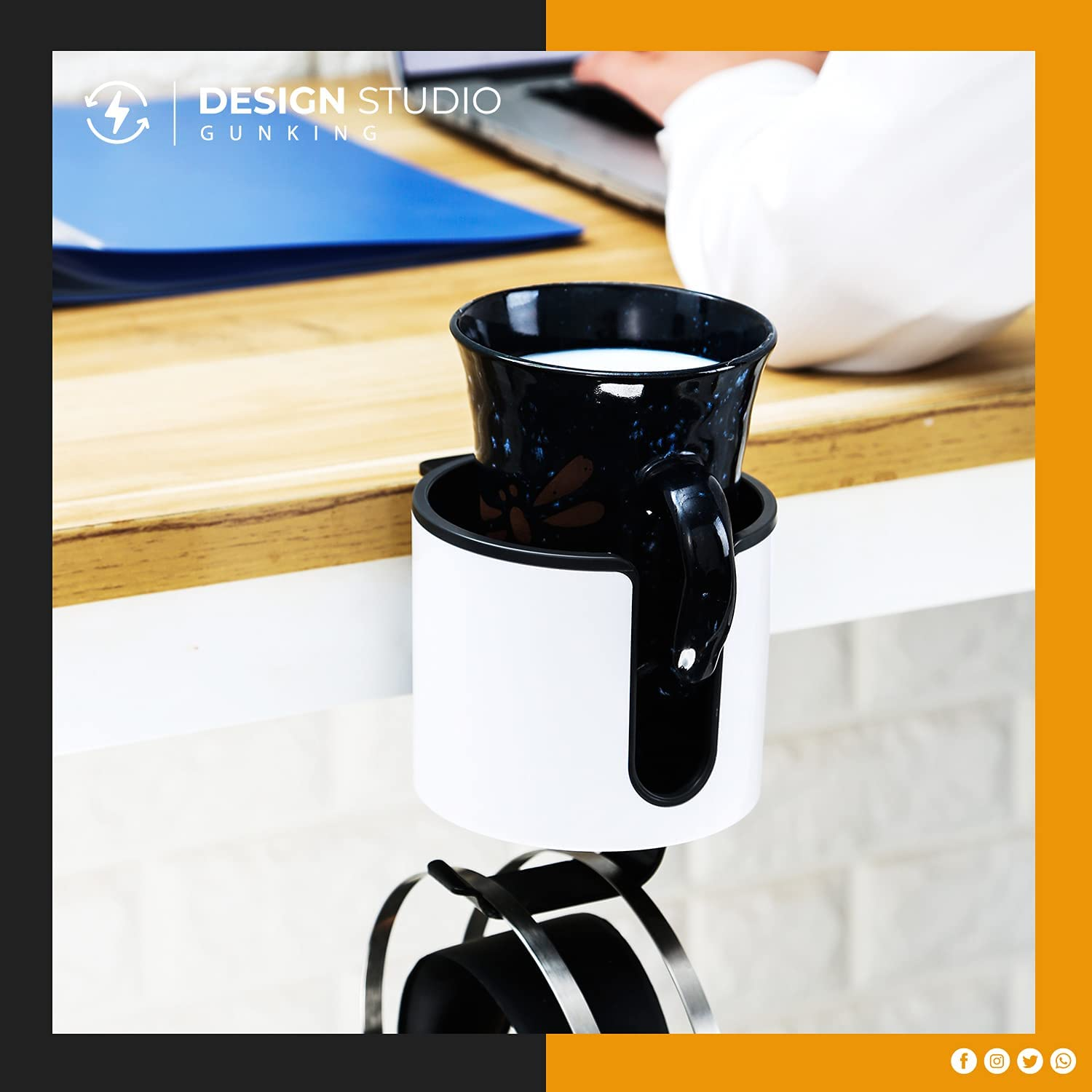 Luxury 2-In-1 Anti-Spill Desk Cup Holder with under Desk Headphone Hanger Drink Holder (White) image number 2