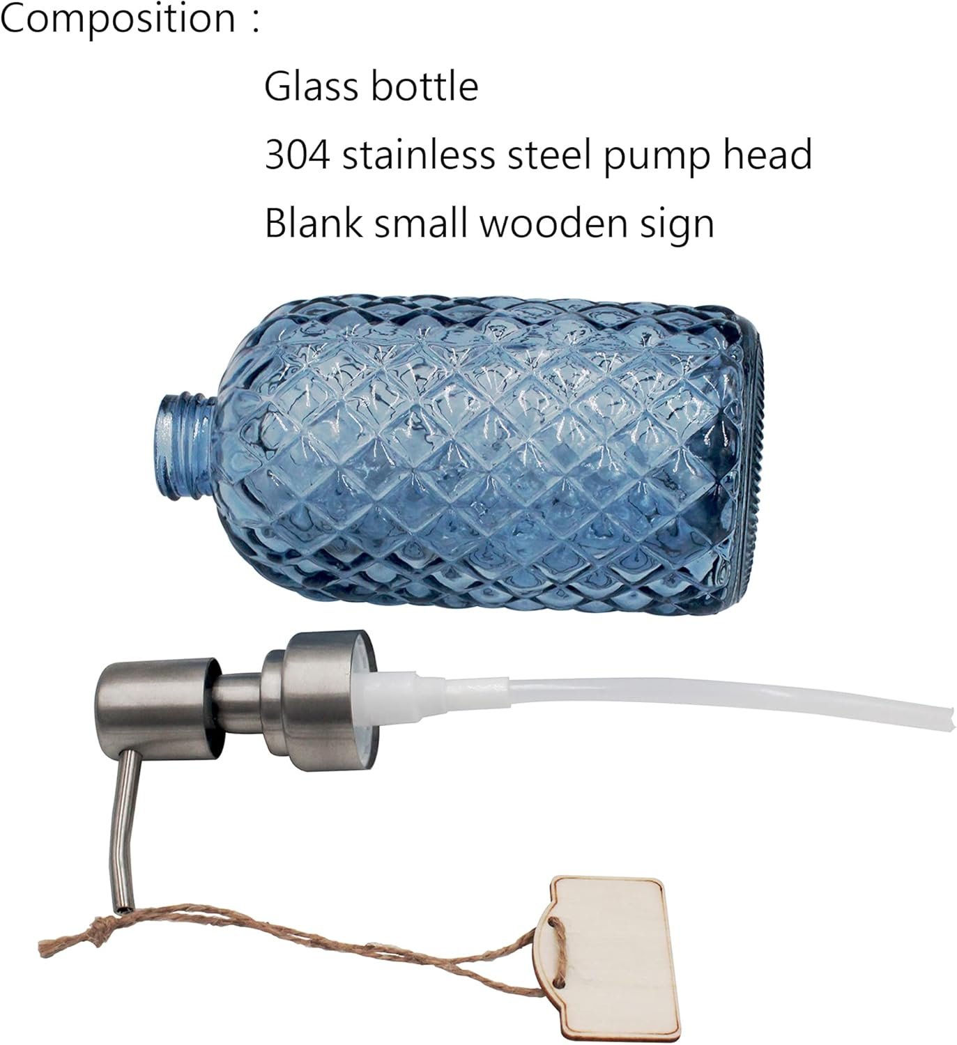 16 Oz Diamond Pattern Glass Soap Dispenser, Kitchen and Bathroom Refillable Soap Dispenser with Rust Resistant Stainless Steel Pump for Hand Soap, Lotion Glass Liquid Dispenser (Blue) image number 2